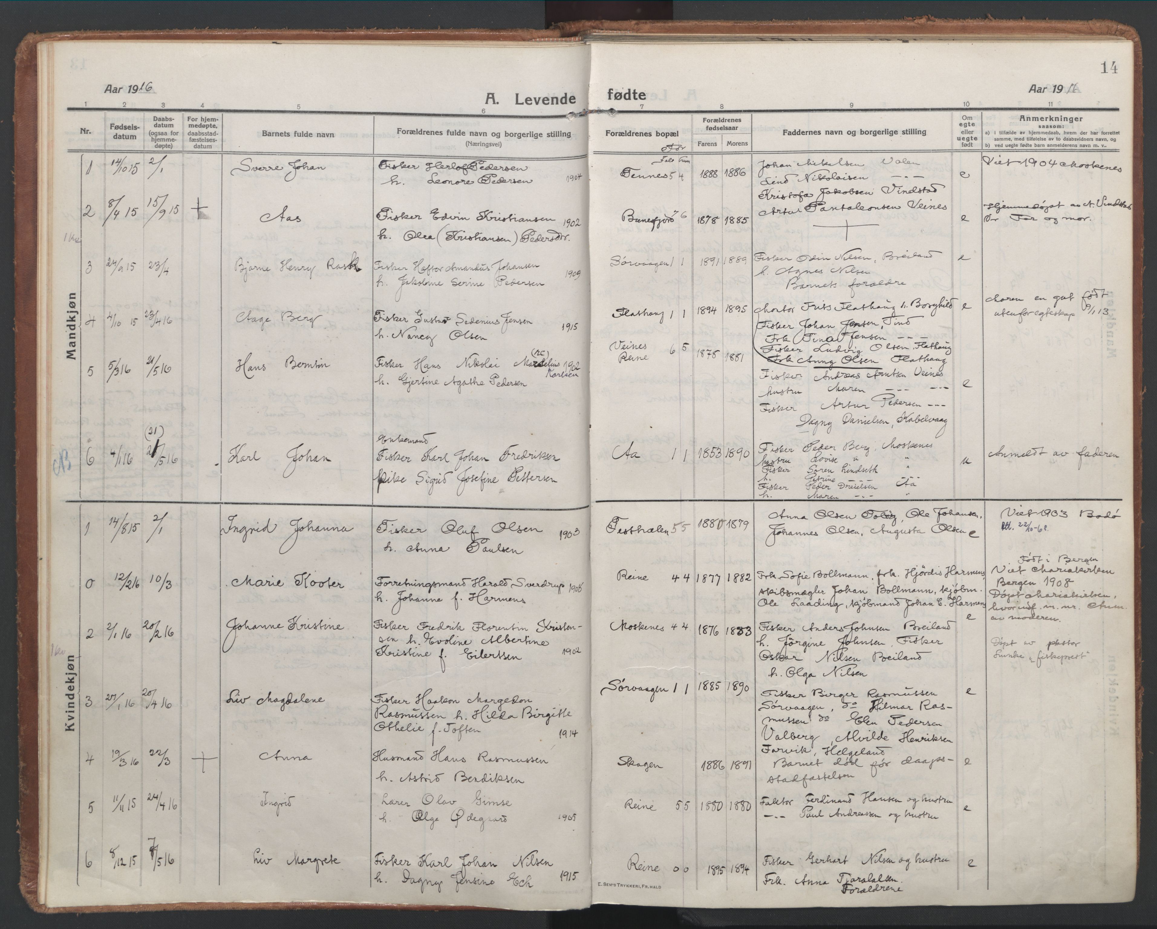 Ministerialprotokoller, klokkerbøker og fødselsregistre - Nordland, SAT/A-1459/886/L1222: Parish register (official) no. 886A04, 1914-1926, p. 14