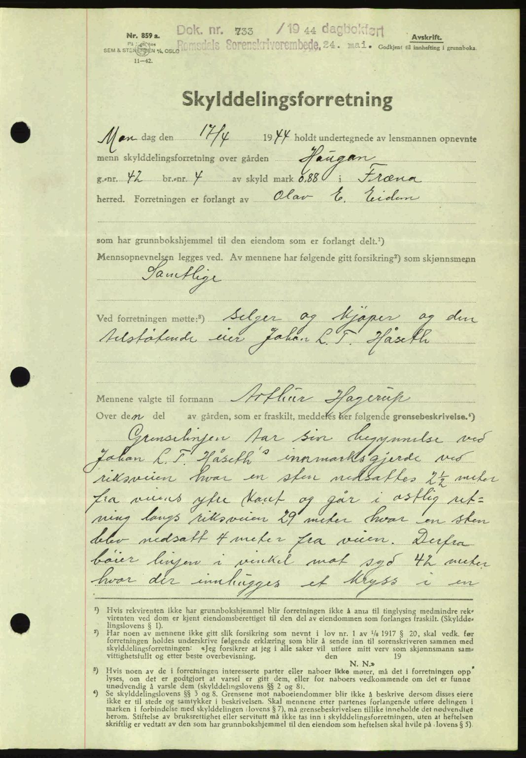 Romsdal sorenskriveri, SAT/A-4149/1/2/2C: Mortgage book no. A16, 1944-1944, Diary no: : 733/1944