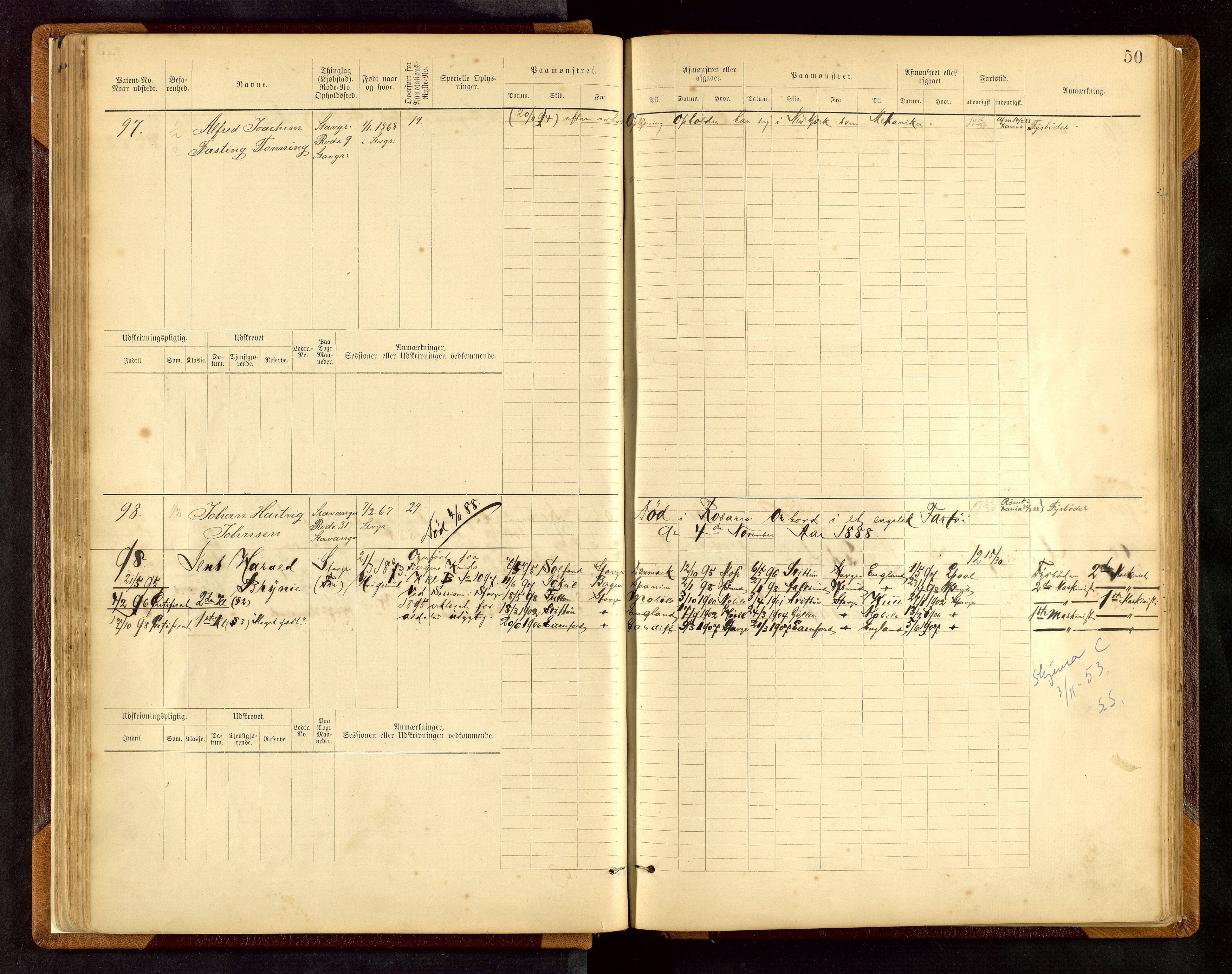 Stavanger sjømannskontor, AV/SAST-A-102006/F/Fe/L0001: Maskinist- og fyrbøterrulle, patentnr. 1-58/1-194, 1884-1894, p. 53