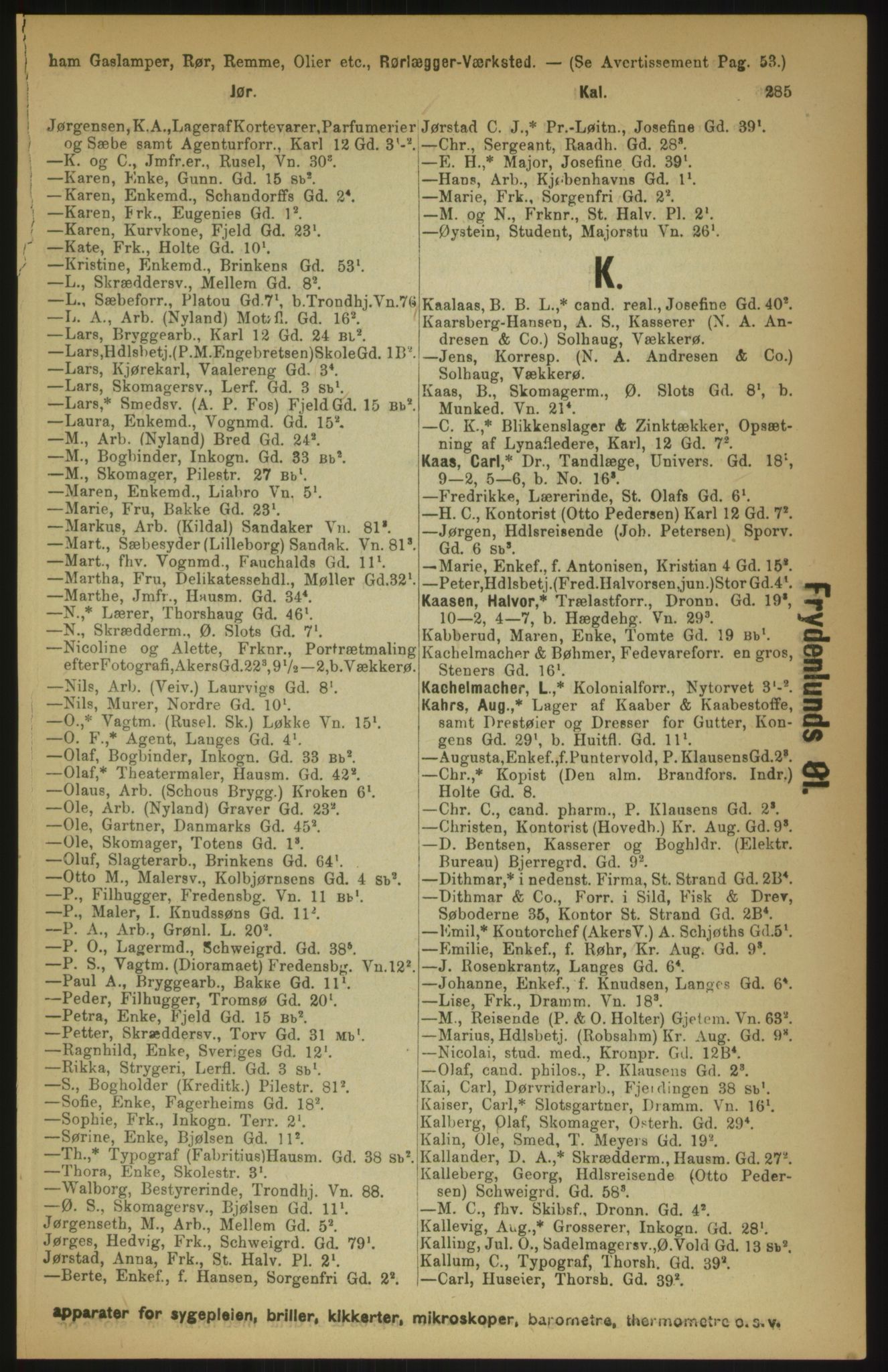 Kristiania/Oslo adressebok, PUBL/-, 1891, p. 285