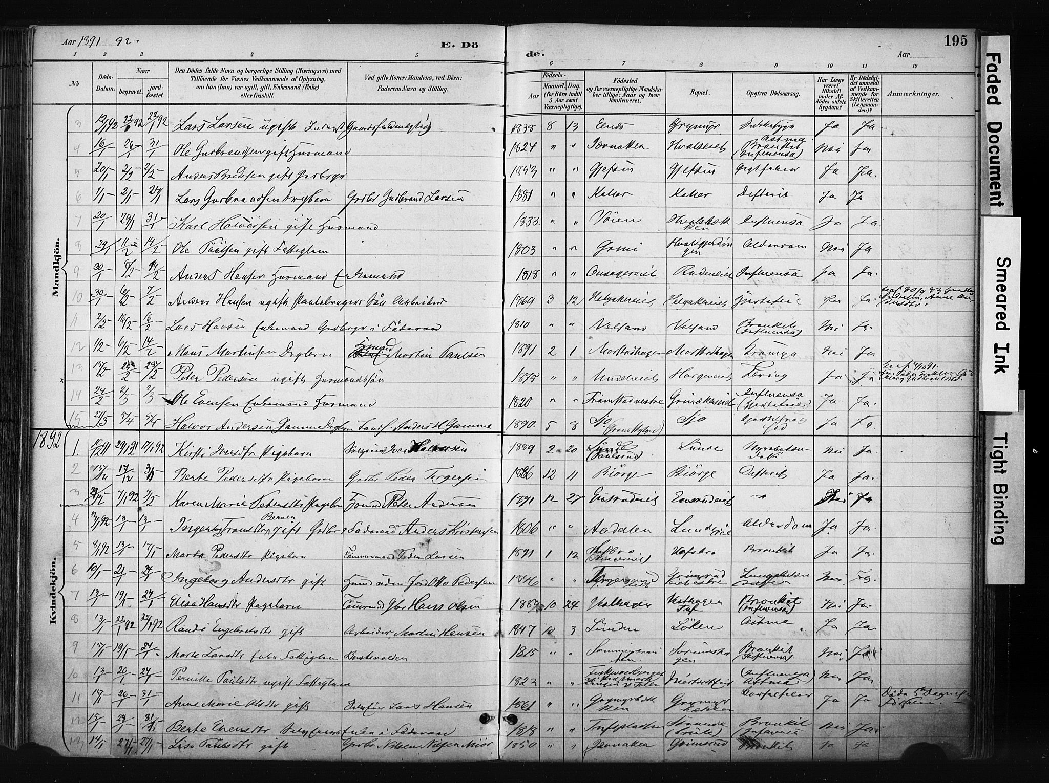 Gran prestekontor, SAH/PREST-112/H/Ha/Haa/L0017: Parish register (official) no. 17, 1889-1897, p. 195