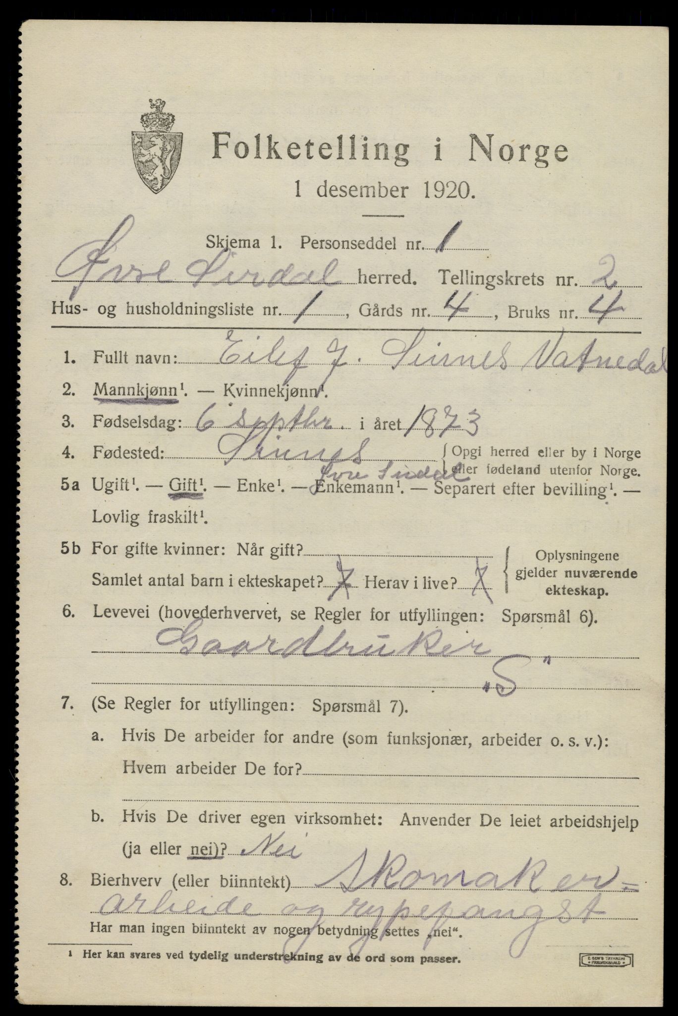 SAK, 1920 census for Øvre Sirdal, 1920, p. 425