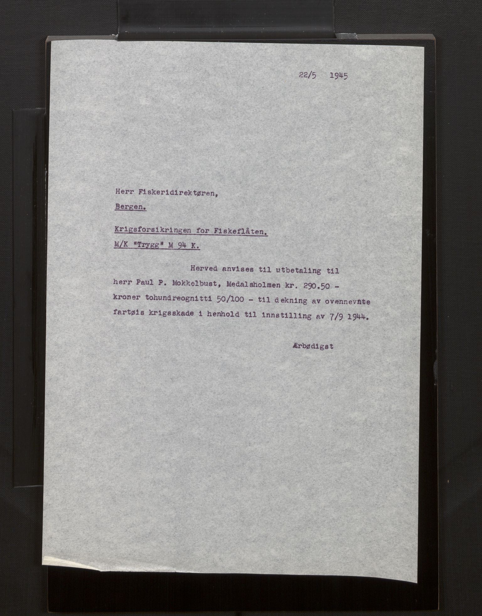 Fiskeridirektoratet - 1 Adm. ledelse - 13 Båtkontoret, AV/SAB-A-2003/La/L0008: Statens krigsforsikring for fiskeflåten, 1936-1971, p. 271