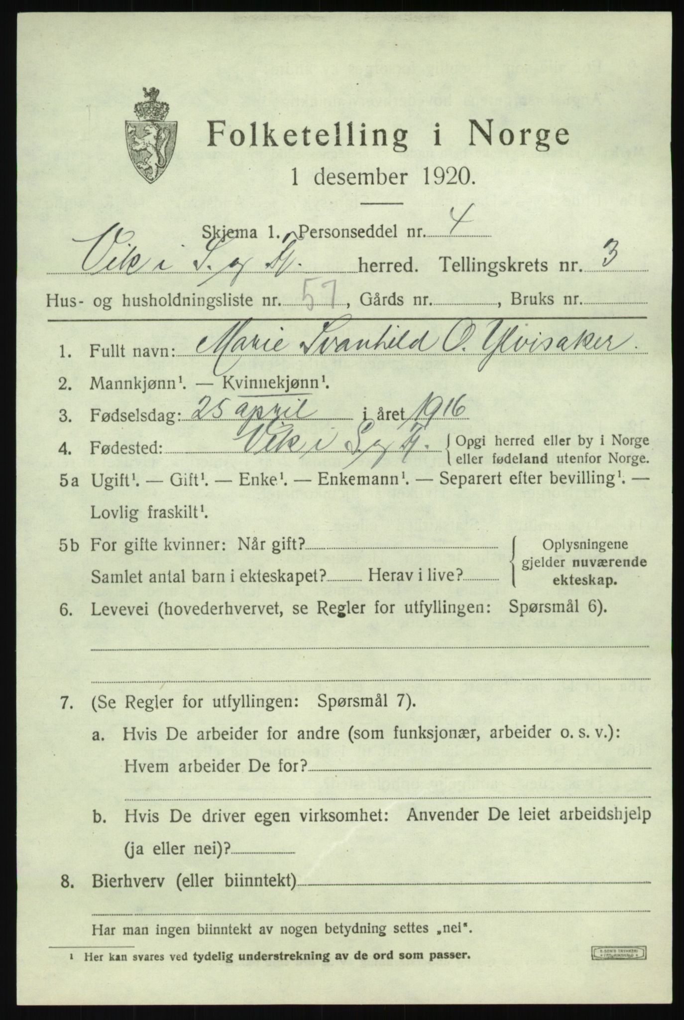 SAB, 1920 census for Vik, 1920, p. 3191