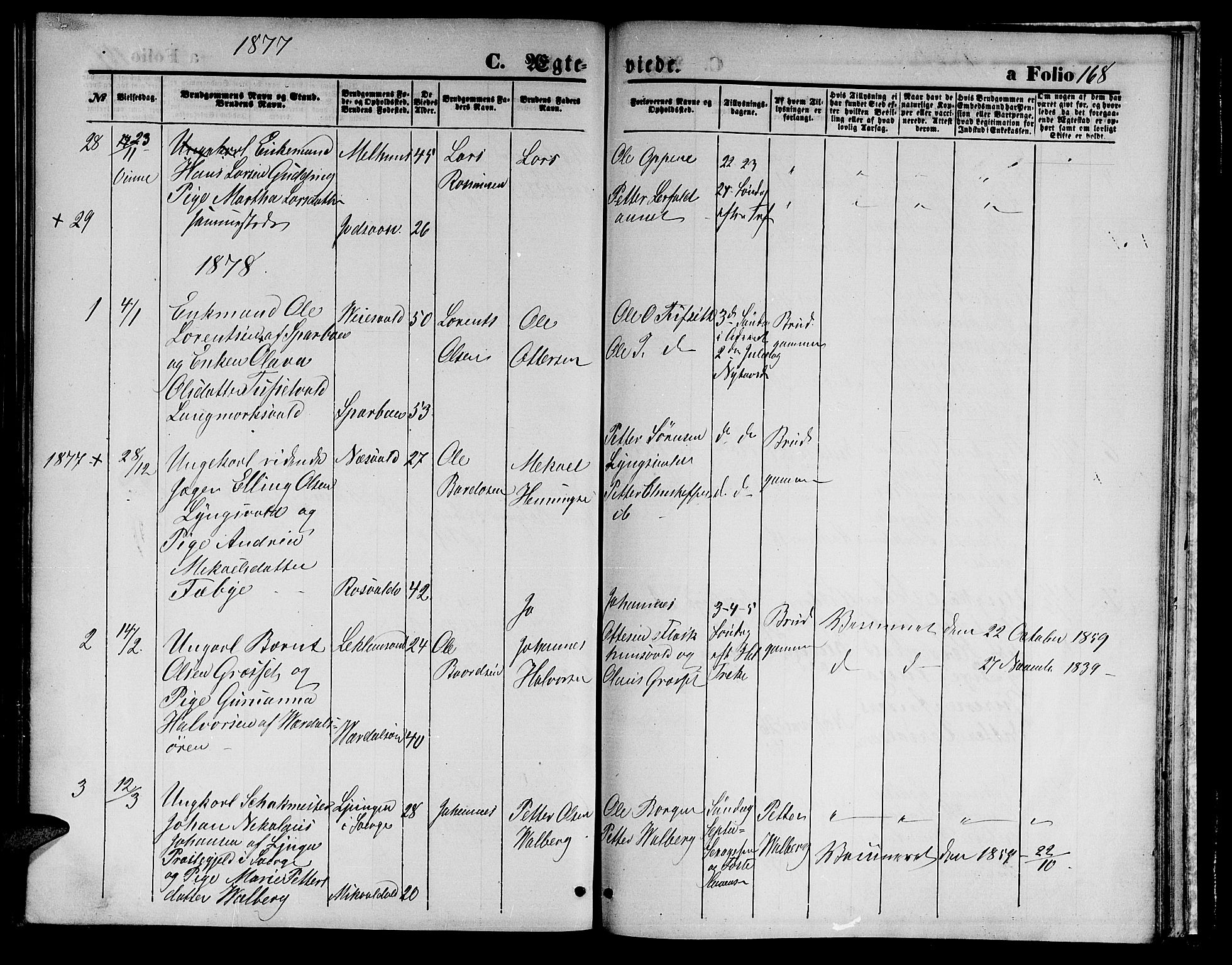 Ministerialprotokoller, klokkerbøker og fødselsregistre - Nord-Trøndelag, SAT/A-1458/723/L0255: Parish register (copy) no. 723C03, 1869-1879, p. 168