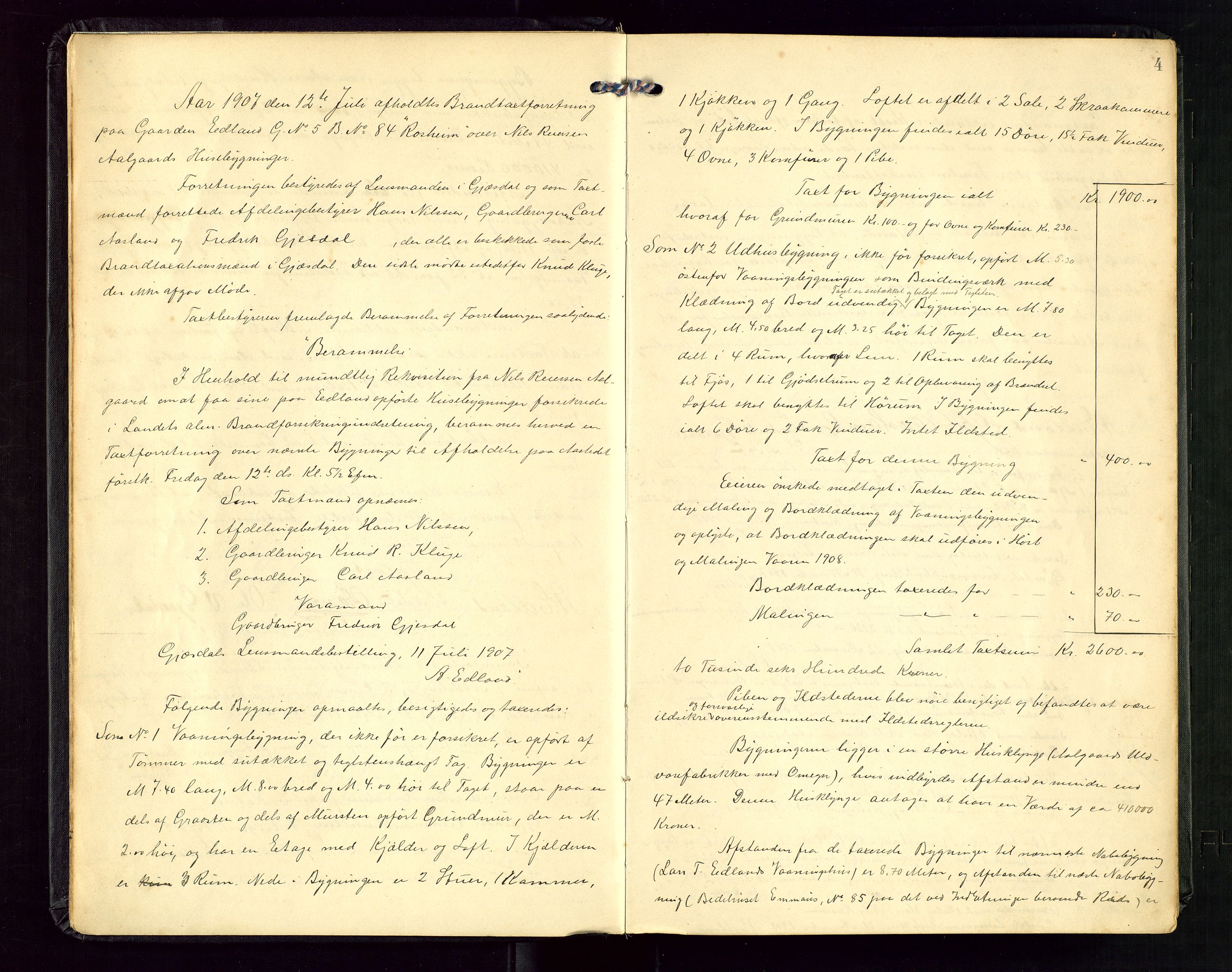 Gjesdal lensmannskontor, AV/SAST-A-100441/Go/L0002: Branntakstprotokoll, 1907-1921, p. 3b-4a