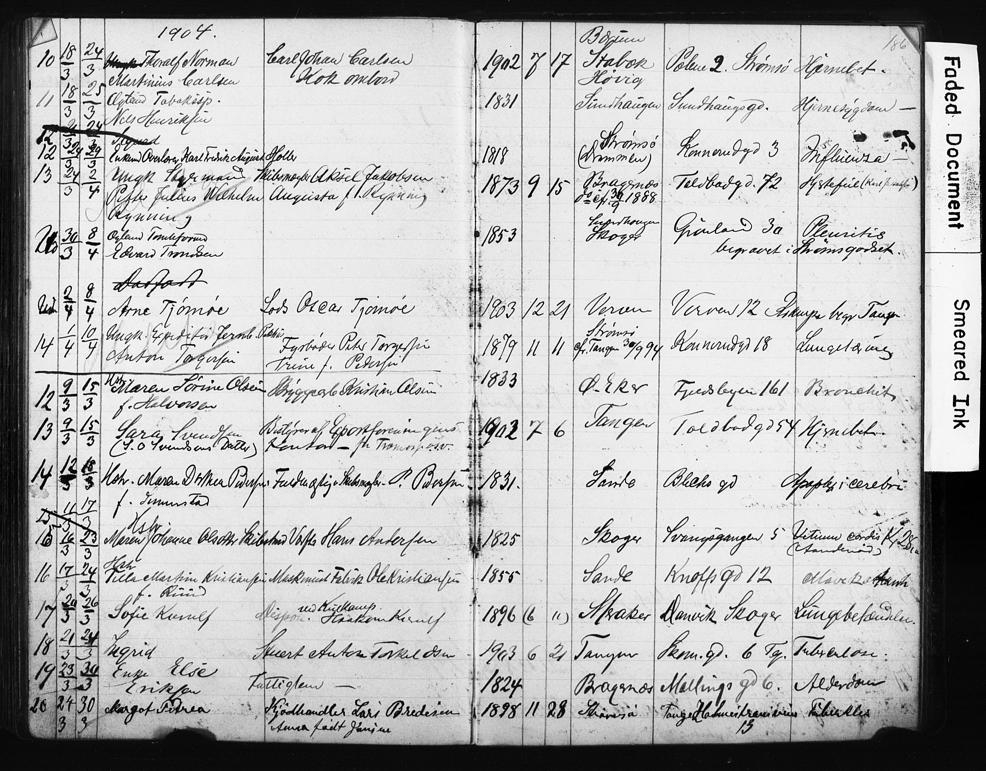 Strømsø kirkebøker, AV/SAKO-A-246/Y/Ya/L0006: Parish register draft no. I 6, 1903-1915, p. 186