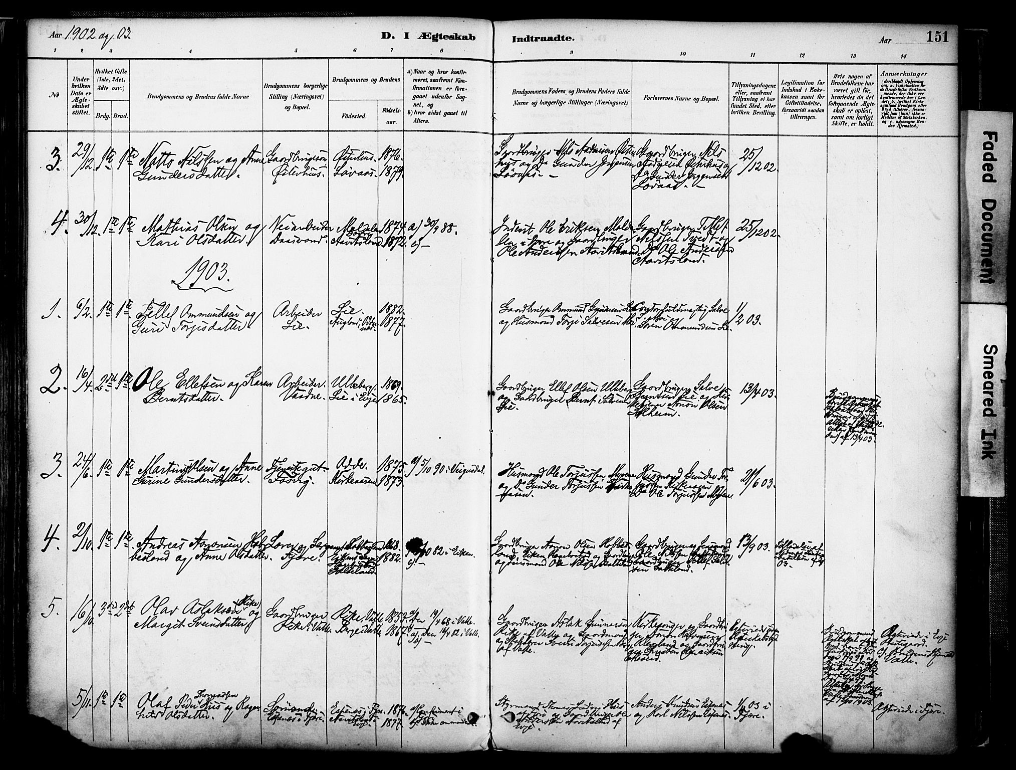 Evje sokneprestkontor, AV/SAK-1111-0008/F/Fa/Faa/L0007: Parish register (official) no. A 7, 1884-1909, p. 151