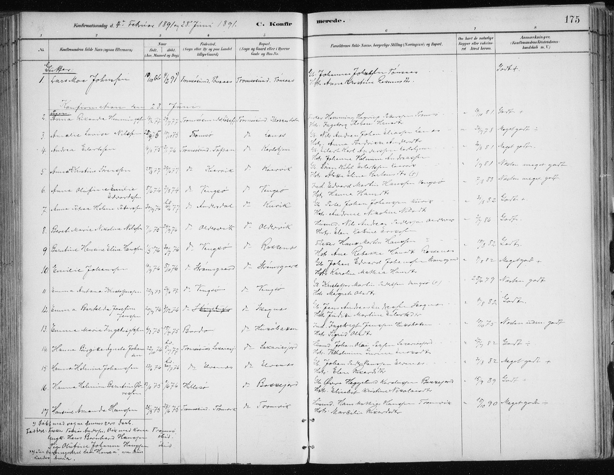 Tromsøysund sokneprestkontor, SATØ/S-1304/G/Ga/L0005kirke: Parish register (official) no. 5, 1888-1896, p. 175
