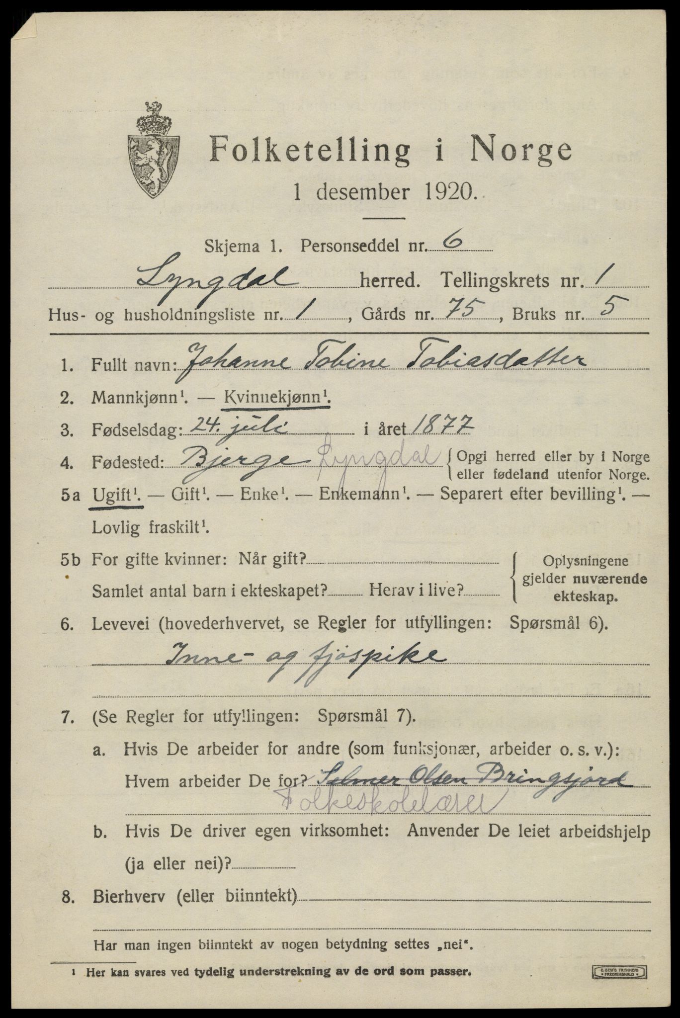 SAK, 1920 census for Lyngdal, 1920, p. 1333