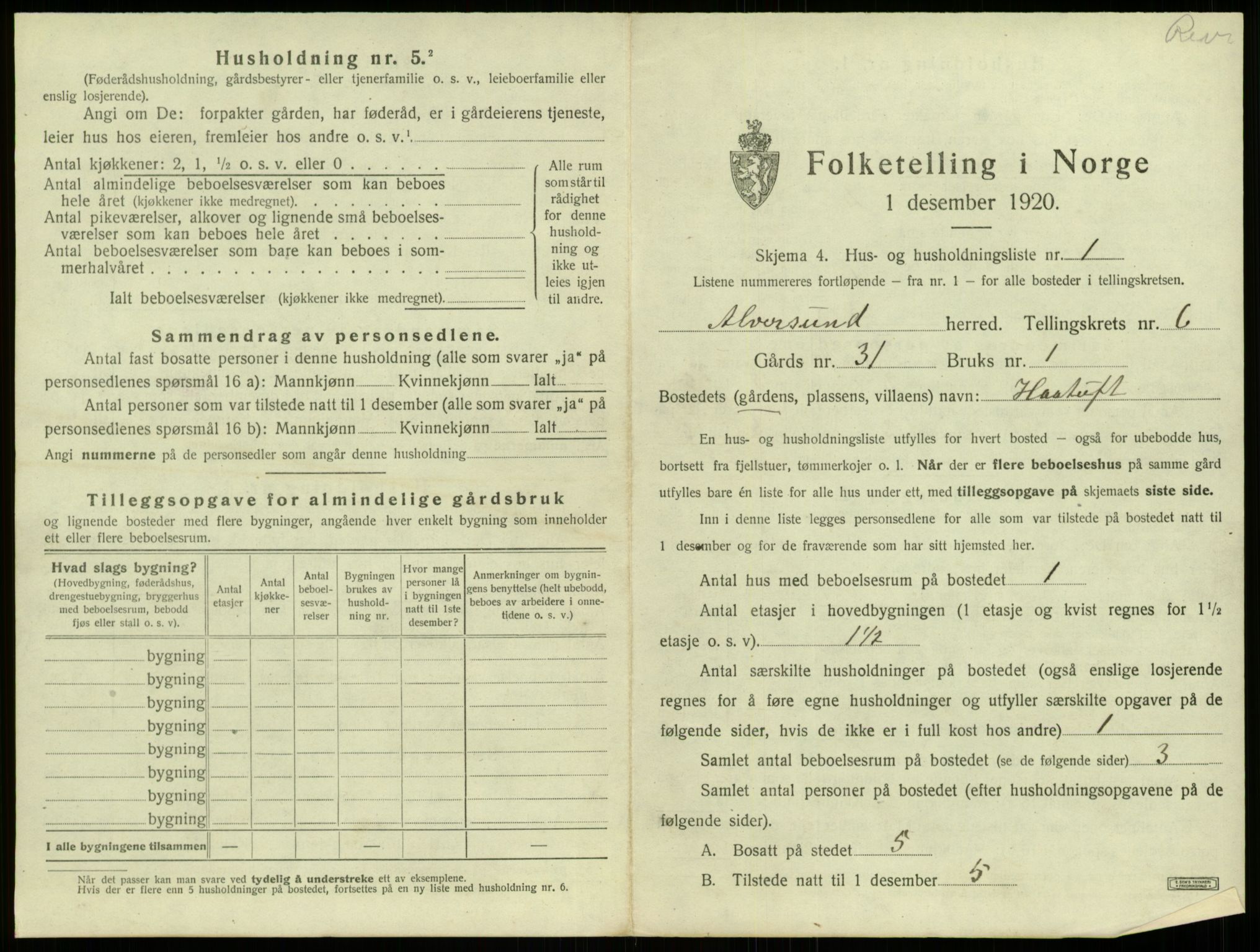 SAB, 1920 census for Alversund, 1920, p. 517