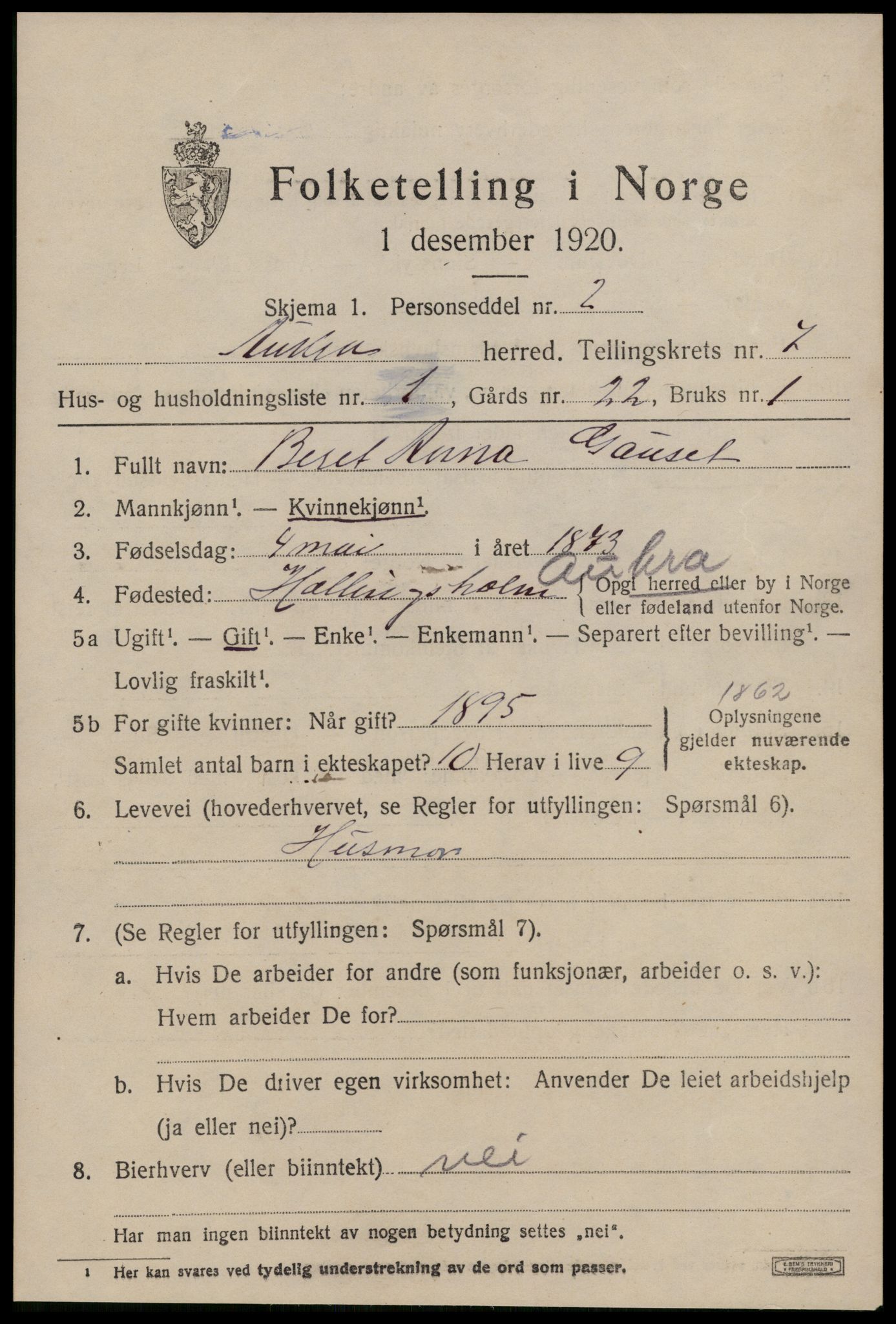 SAT, 1920 census for Aukra, 1920, p. 4235