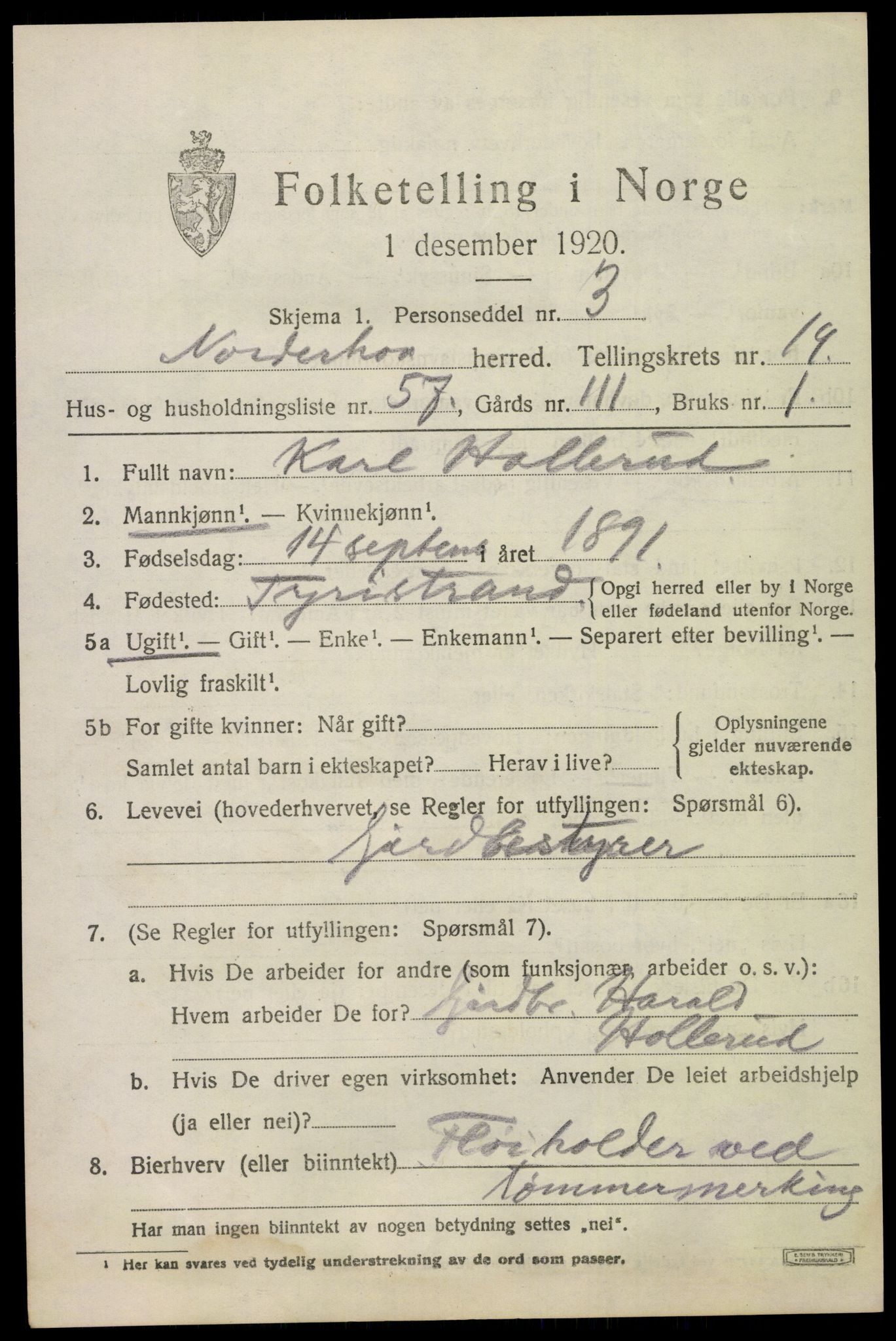 SAKO, 1920 census for Norderhov, 1920, p. 20970
