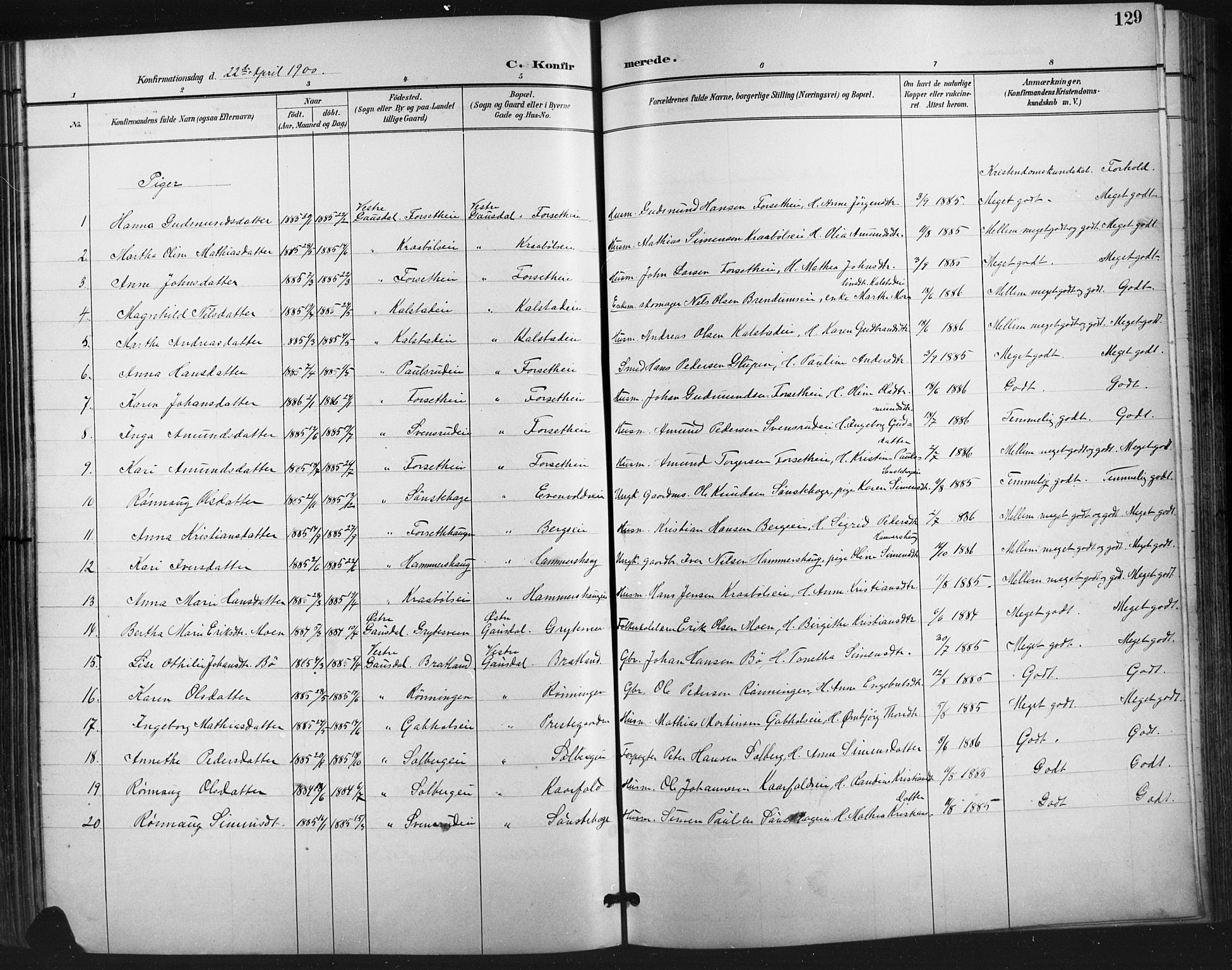 Vestre Gausdal prestekontor, SAH/PREST-094/H/Ha/Hab/L0003: Parish register (copy) no. 3, 1896-1925, p. 129