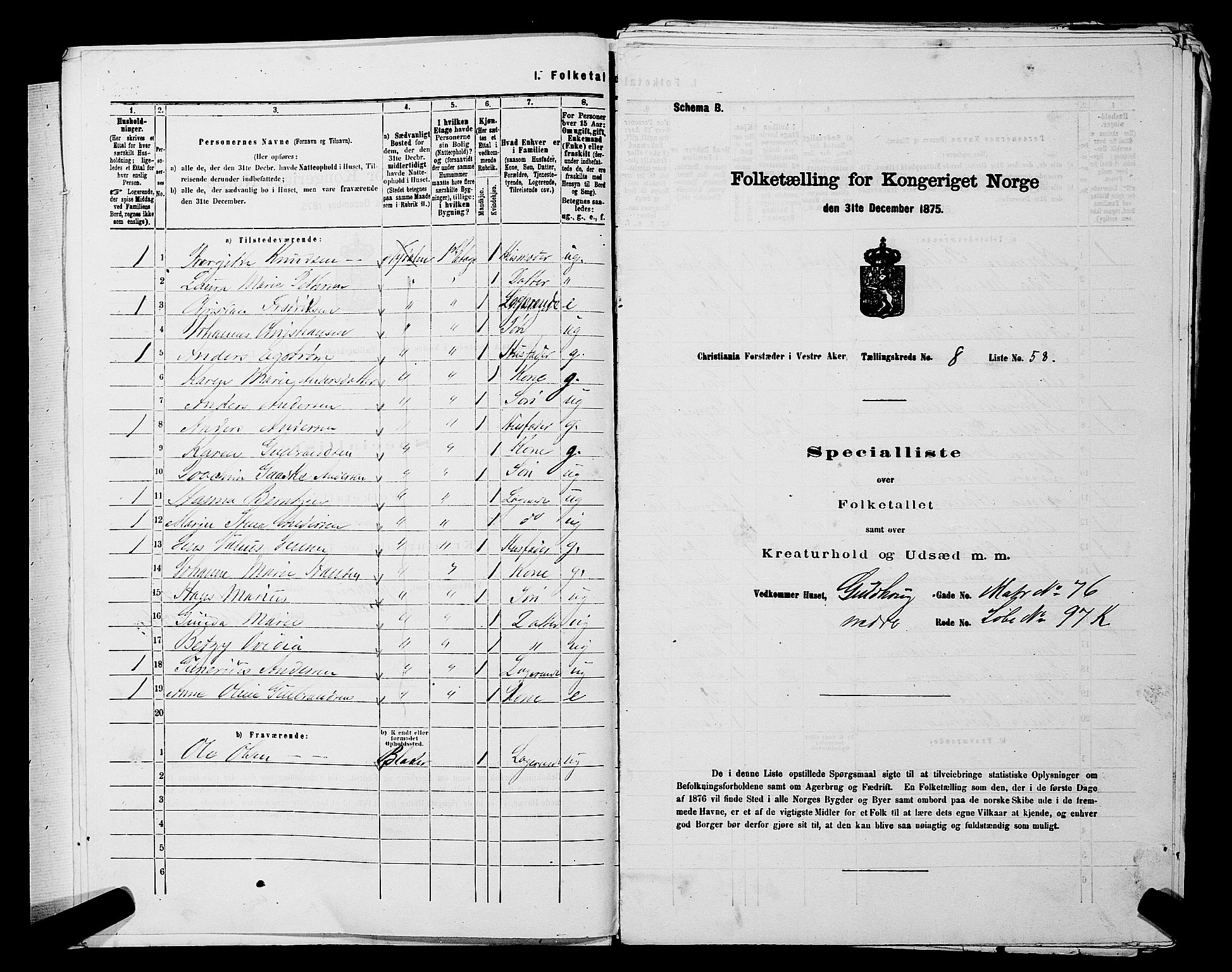 RA, 1875 census for 0218aP Vestre Aker, 1875, p. 1347