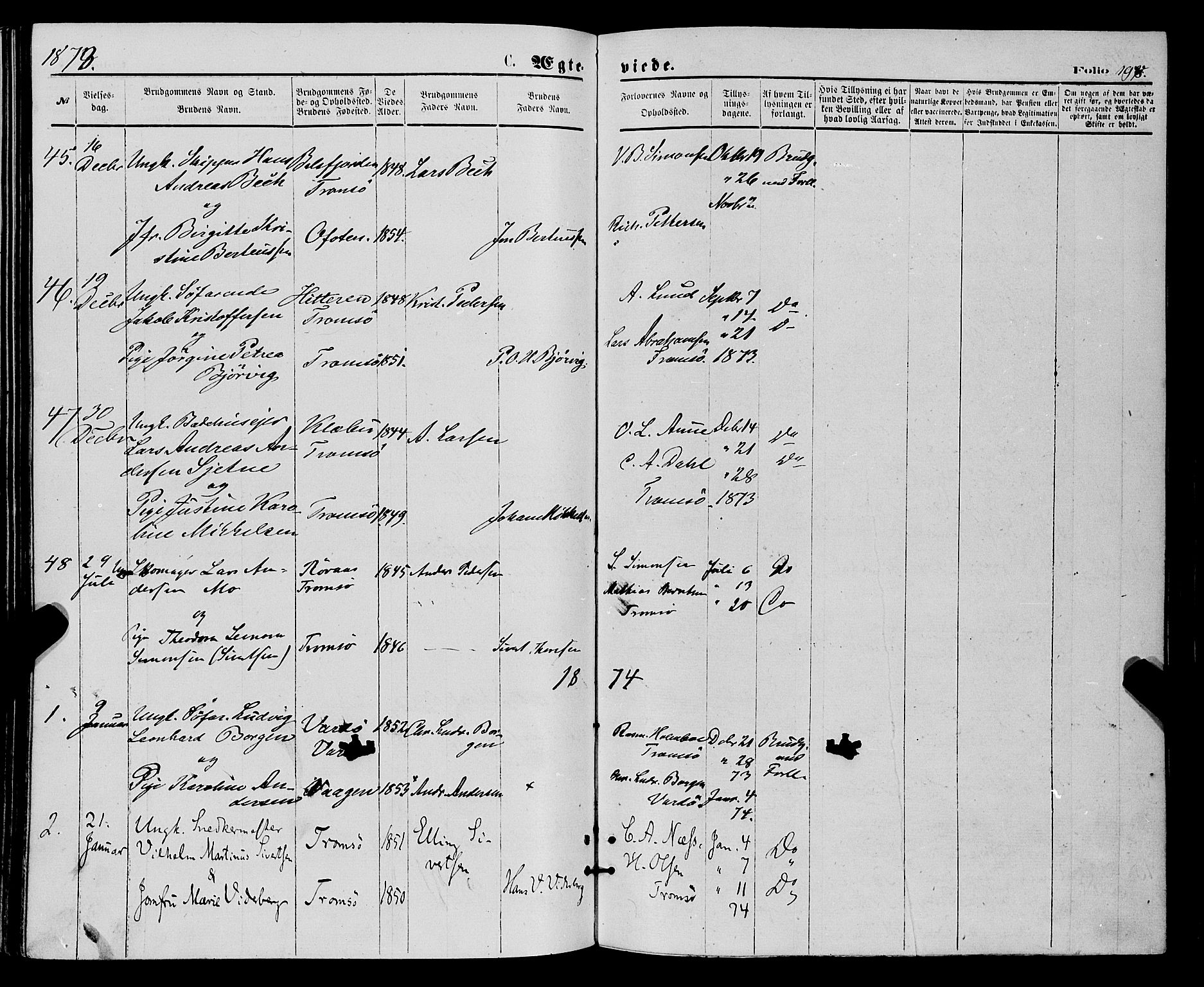 Tromsø sokneprestkontor/stiftsprosti/domprosti, AV/SATØ-S-1343/G/Ga/L0013kirke: Parish register (official) no. 13, 1872-1877, p. 198