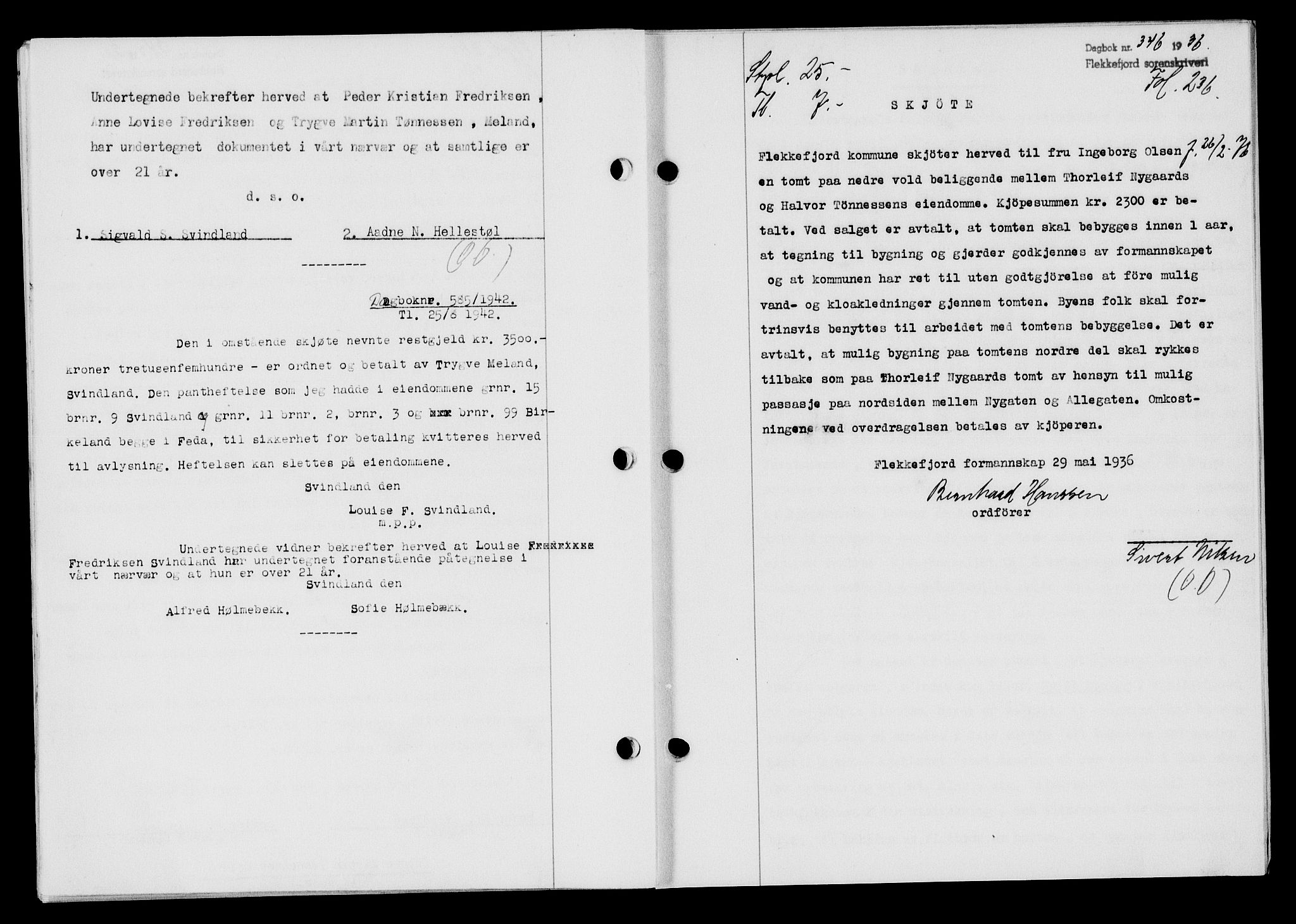 Flekkefjord sorenskriveri, SAK/1221-0001/G/Gb/Gba/L0053: Mortgage book no. A-1, 1936-1937, Diary no: : 346/1936
