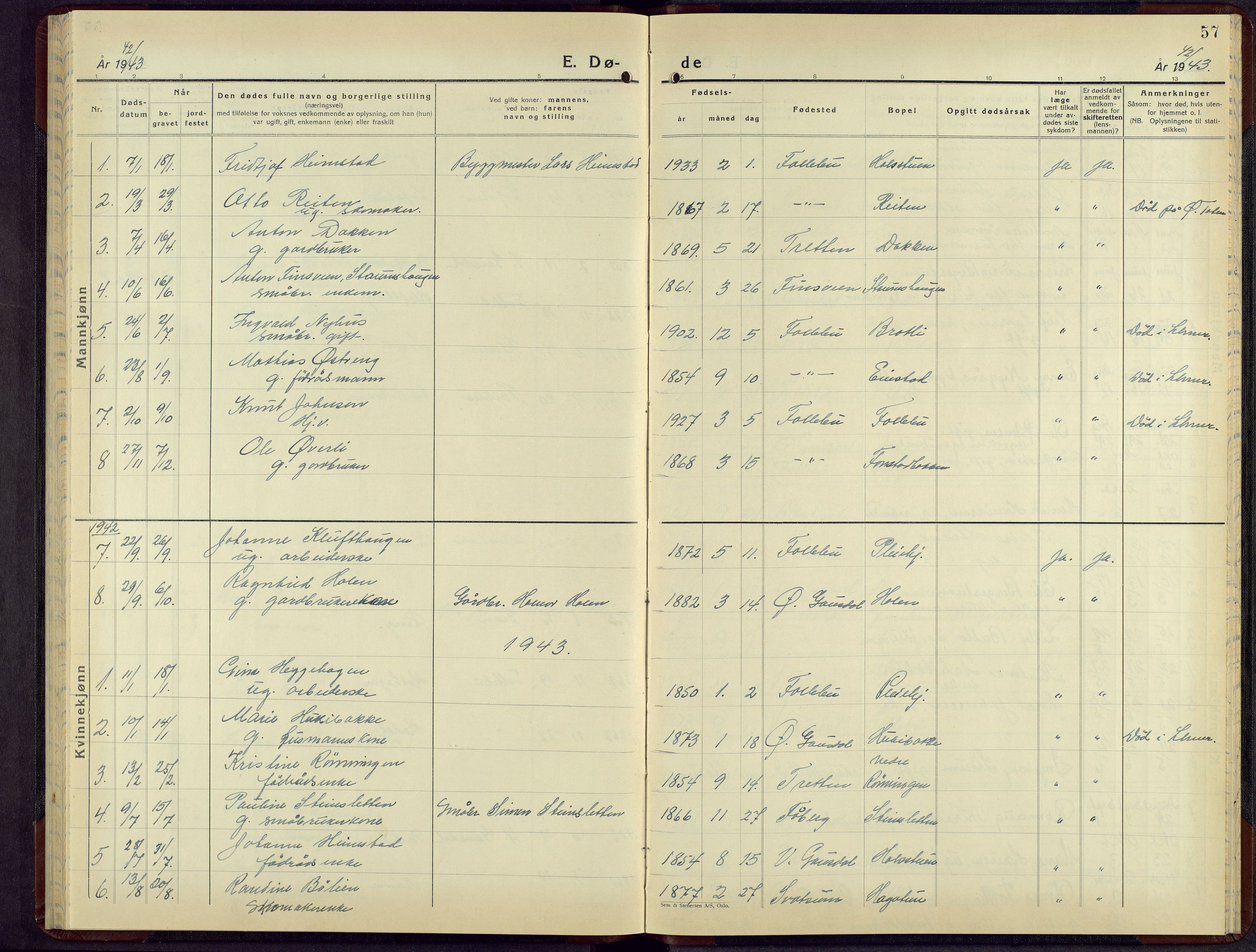 Østre Gausdal prestekontor, SAH/PREST-092/H/Ha/Hab/L0010: Parish register (copy) no. 10, 1936-1962, p. 57