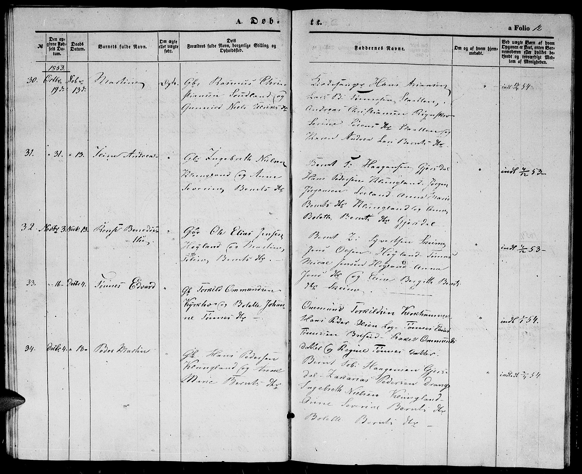 Herad sokneprestkontor, AV/SAK-1111-0018/F/Fb/Fba/L0002: Parish register (copy) no. B 2, 1852-1862, p. 12