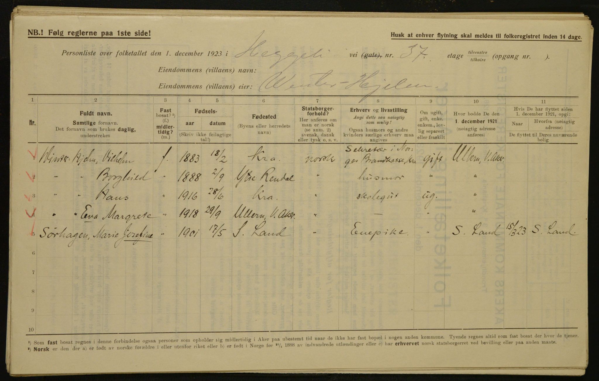 , Municipal Census 1923 for Aker, 1923, p. 2301