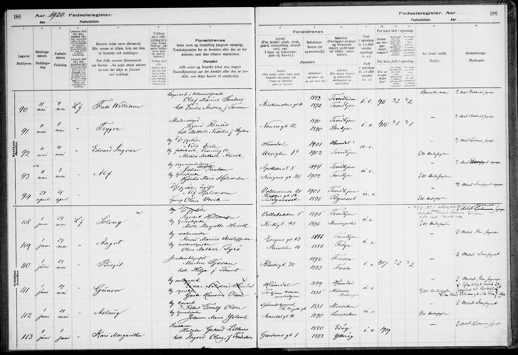 Ministerialprotokoller, klokkerbøker og fødselsregistre - Sør-Trøndelag, SAT/A-1456/600/L0002: Birth register no. 600.II.4.1, 1916-1920, p. 186