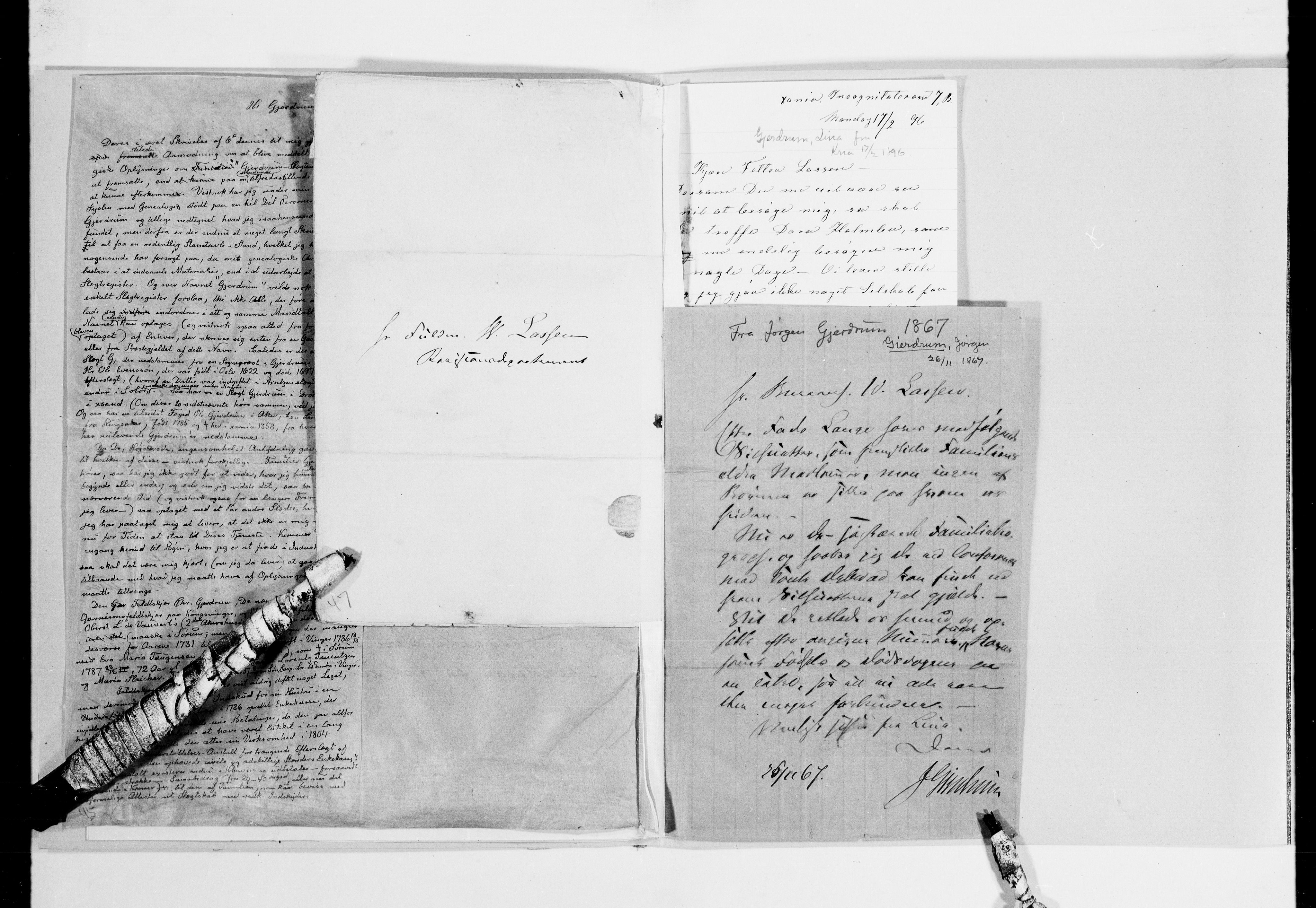 Lassens samlinger, AV/RA-PA-0051/G/L0097: Alfabetisk ordnede brev til Wilhelm Lassen: Fabritius - Grønvold, 1815-1907, p. 143