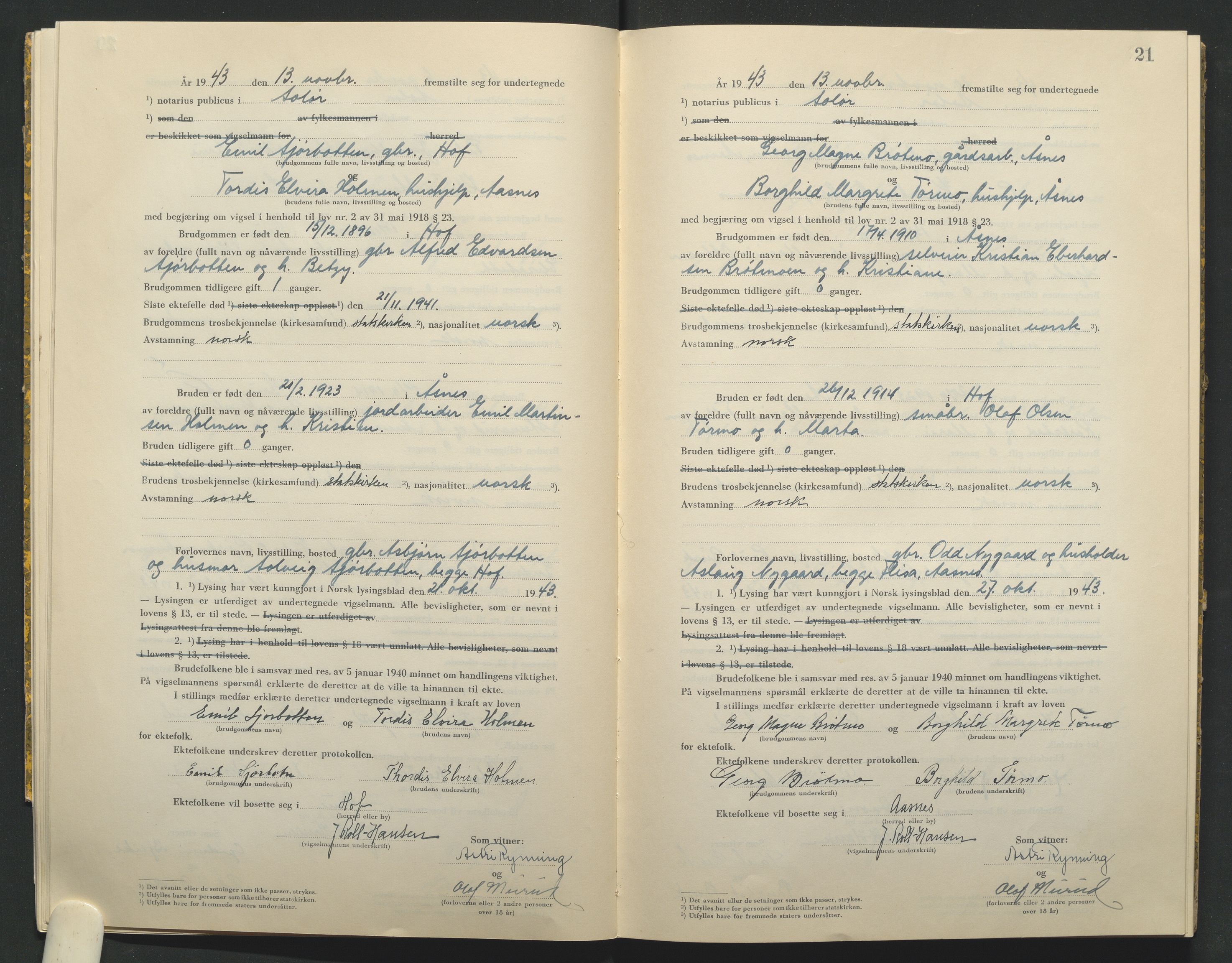 Solør tingrett, AV/SAH-TING-008/L/Lb/L0002: Vigselprotokoll, 1943-1944, p. 21