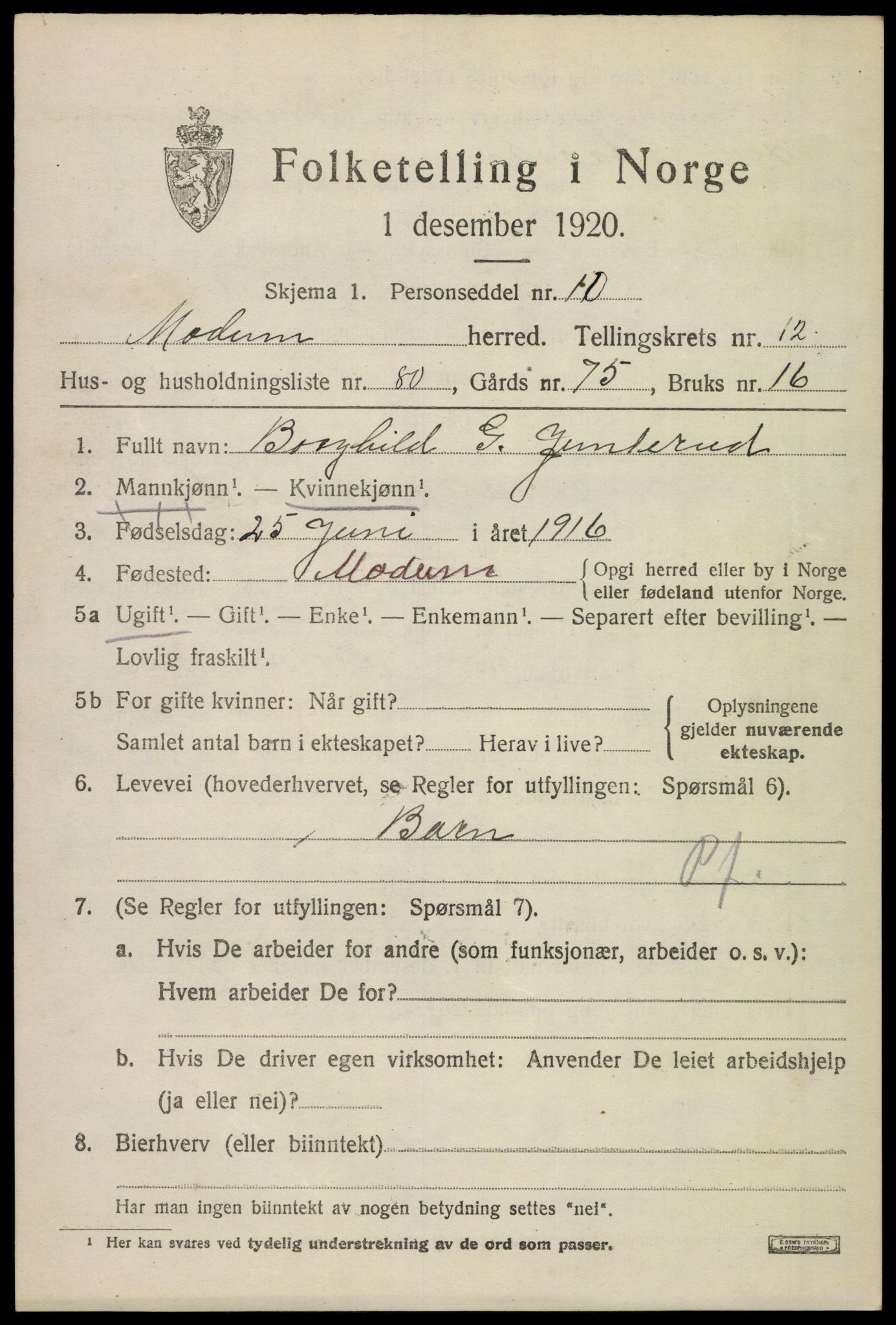 SAKO, 1920 census for Modum, 1920, p. 15181
