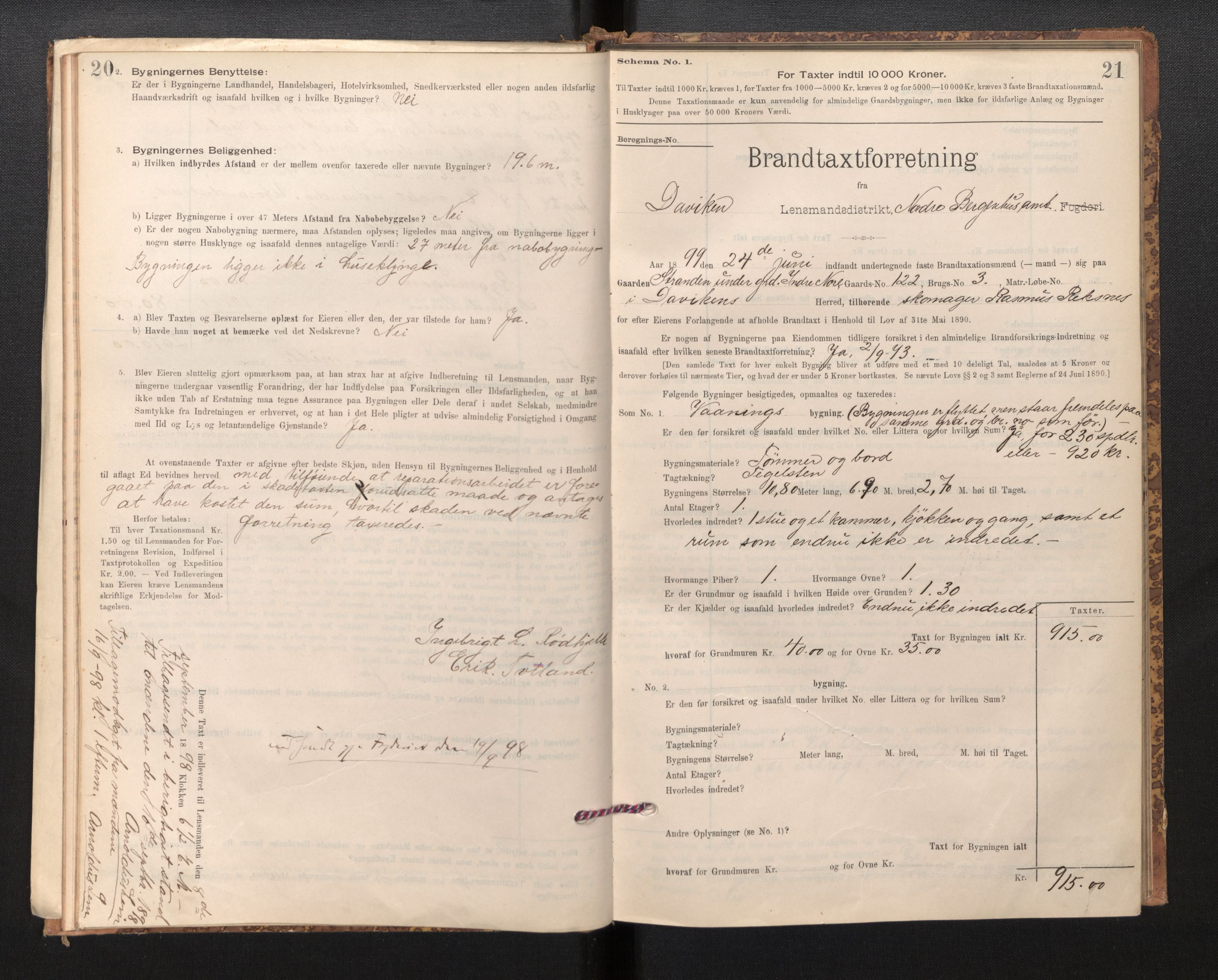 Lensmannen i Davik, SAB/A-26801/0012/L0004: Branntakstprotokoll, skjematakst, 1894-1915, p. 20-21