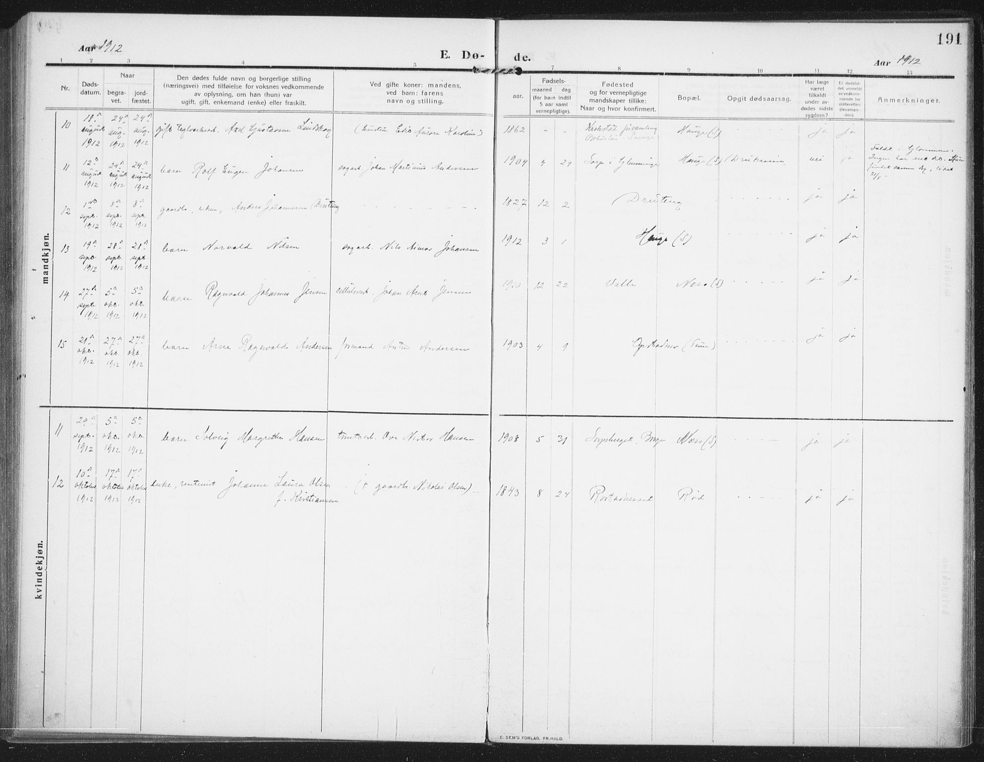 Rolvsøy prestekontor Kirkebøker, AV/SAO-A-2004/F/Fa/L0002: Parish register (official) no. 2, 1909-1917, p. 191