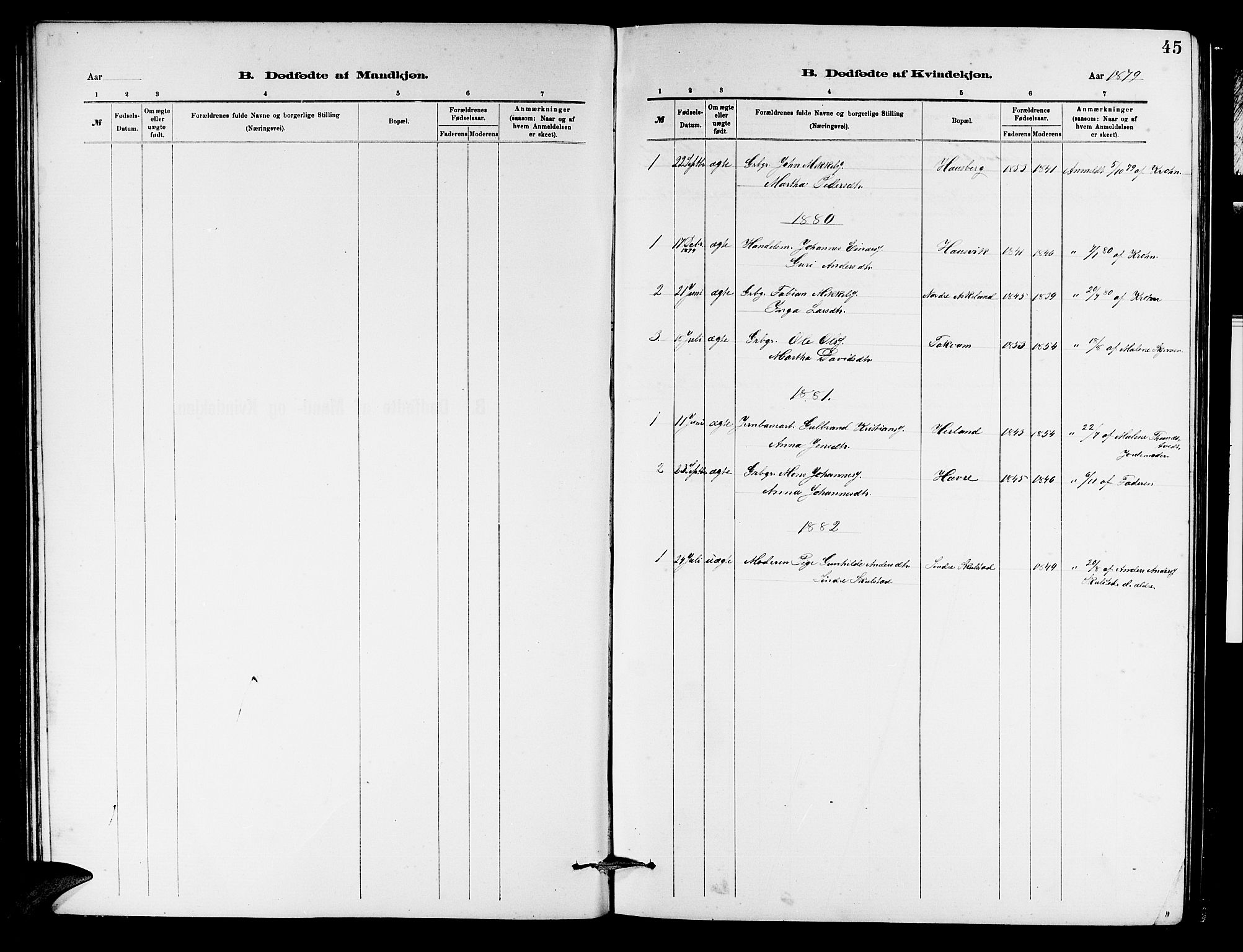 Haus sokneprestembete, AV/SAB-A-75601/H/Hab: Parish register (copy) no. B 2, 1878-1884, p. 45