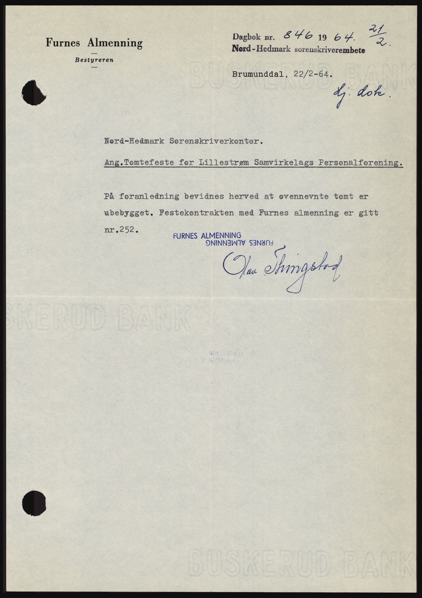 Nord-Hedmark sorenskriveri, SAH/TING-012/H/Hc/L0019: Mortgage book no. 19, 1963-1964, Diary no: : 846/1964