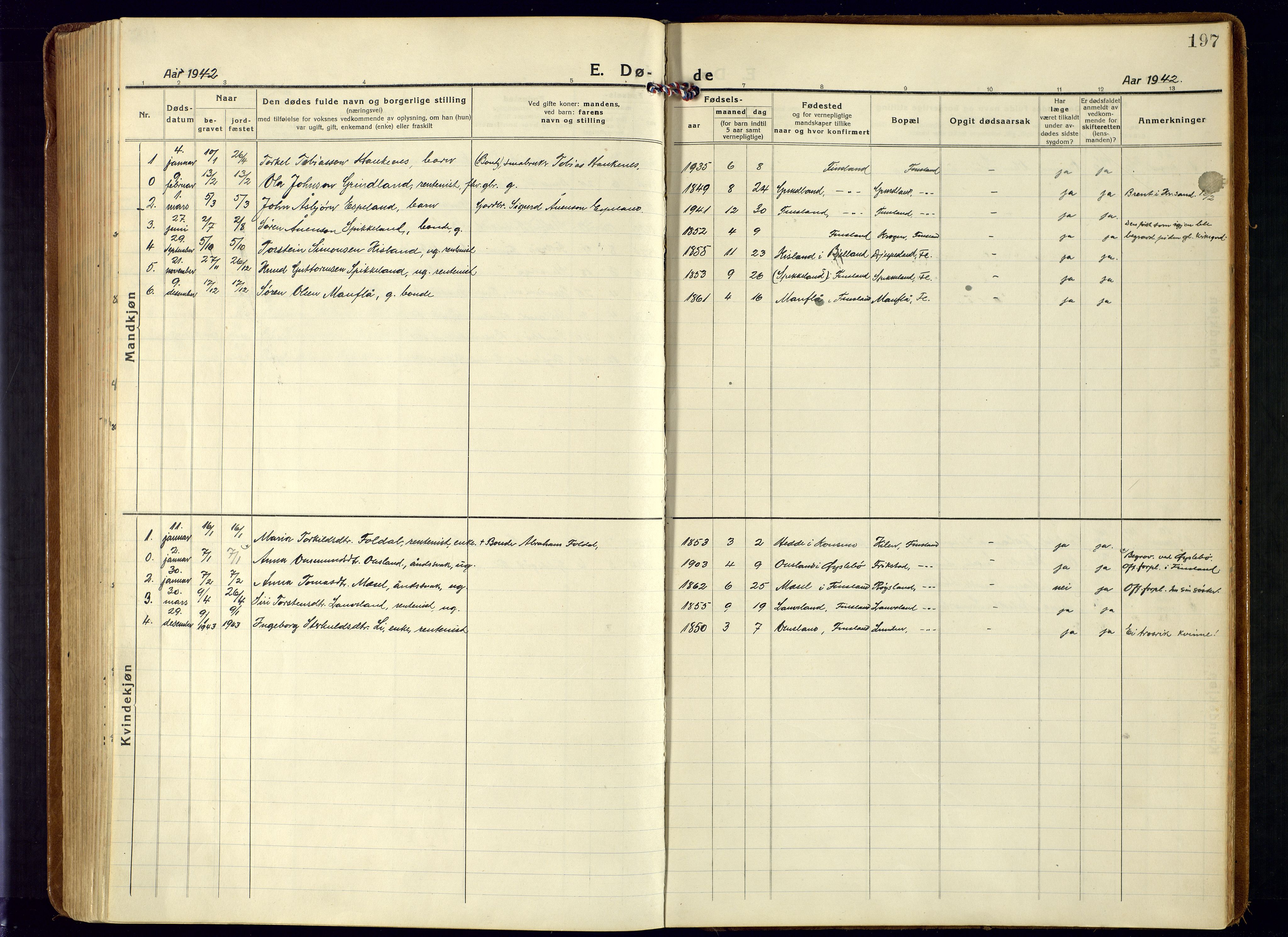 Bjelland sokneprestkontor, SAK/1111-0005/F/Fa/Fab/L0005: Parish register (official) no. A 5, 1921-1951, p. 197