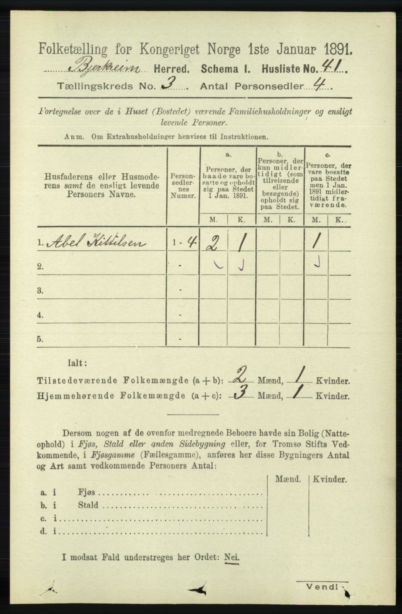 RA, 1891 census for 1114 Bjerkreim, 1891, p. 887