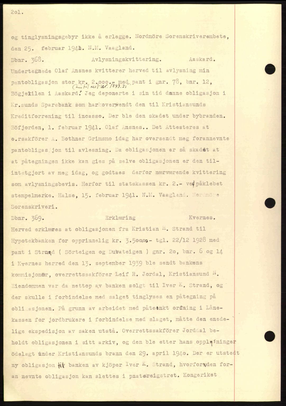 Nordmøre sorenskriveri, AV/SAT-A-4132/1/2/2Ca: Mortgage book no. C81, 1940-1945, Diary no: : 368/1941