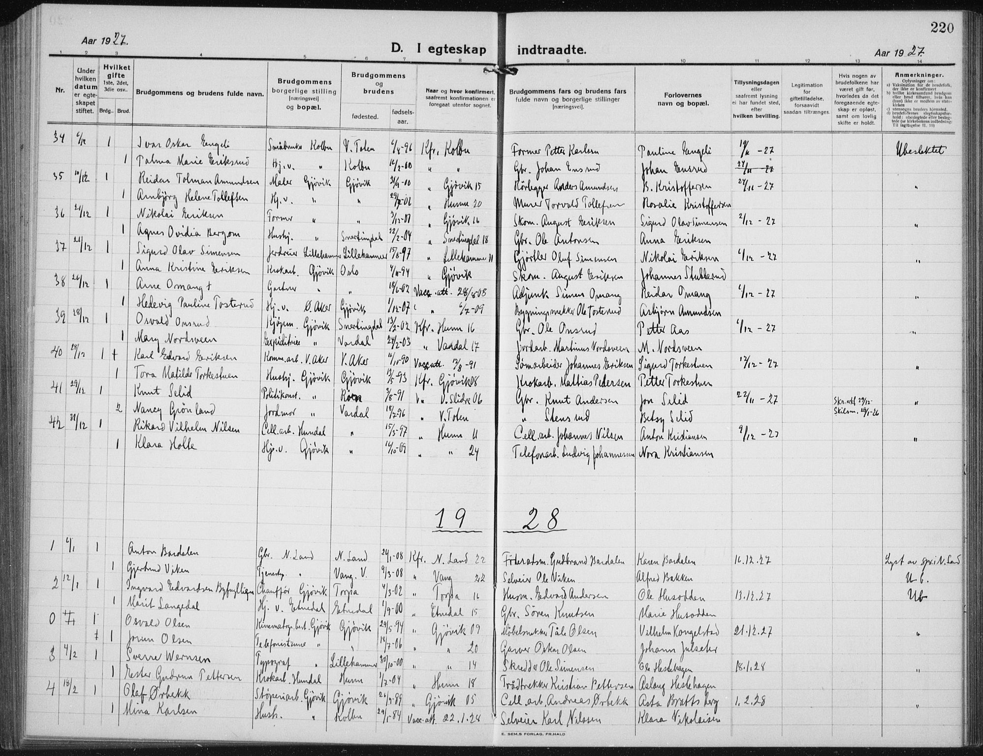 Vardal prestekontor, SAH/PREST-100/H/Ha/Hab/L0017: Parish register (copy) no. 17, 1922-1941, p. 220