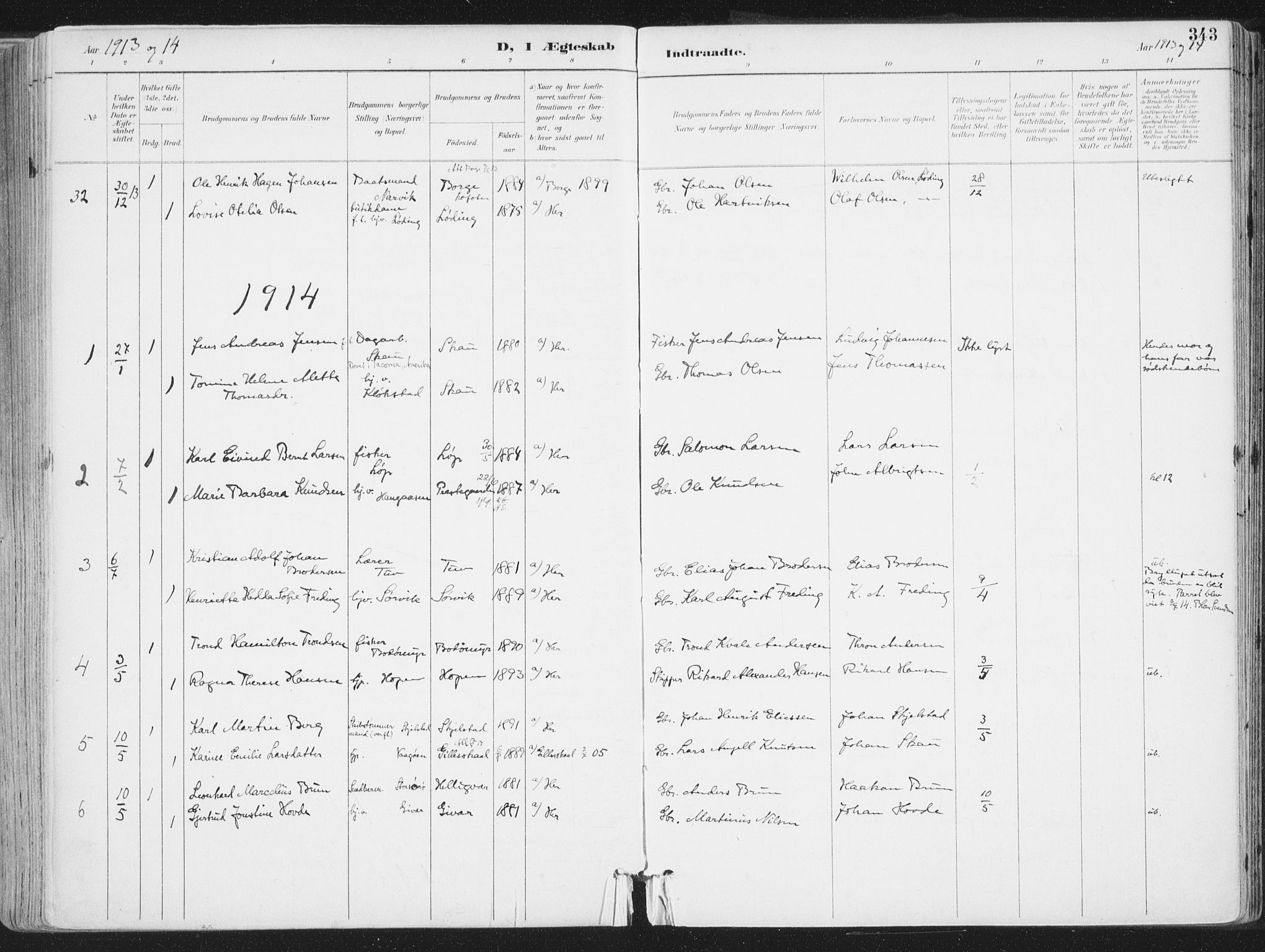 Ministerialprotokoller, klokkerbøker og fødselsregistre - Nordland, SAT/A-1459/802/L0055: Parish register (official) no. 802A02, 1894-1915, p. 343