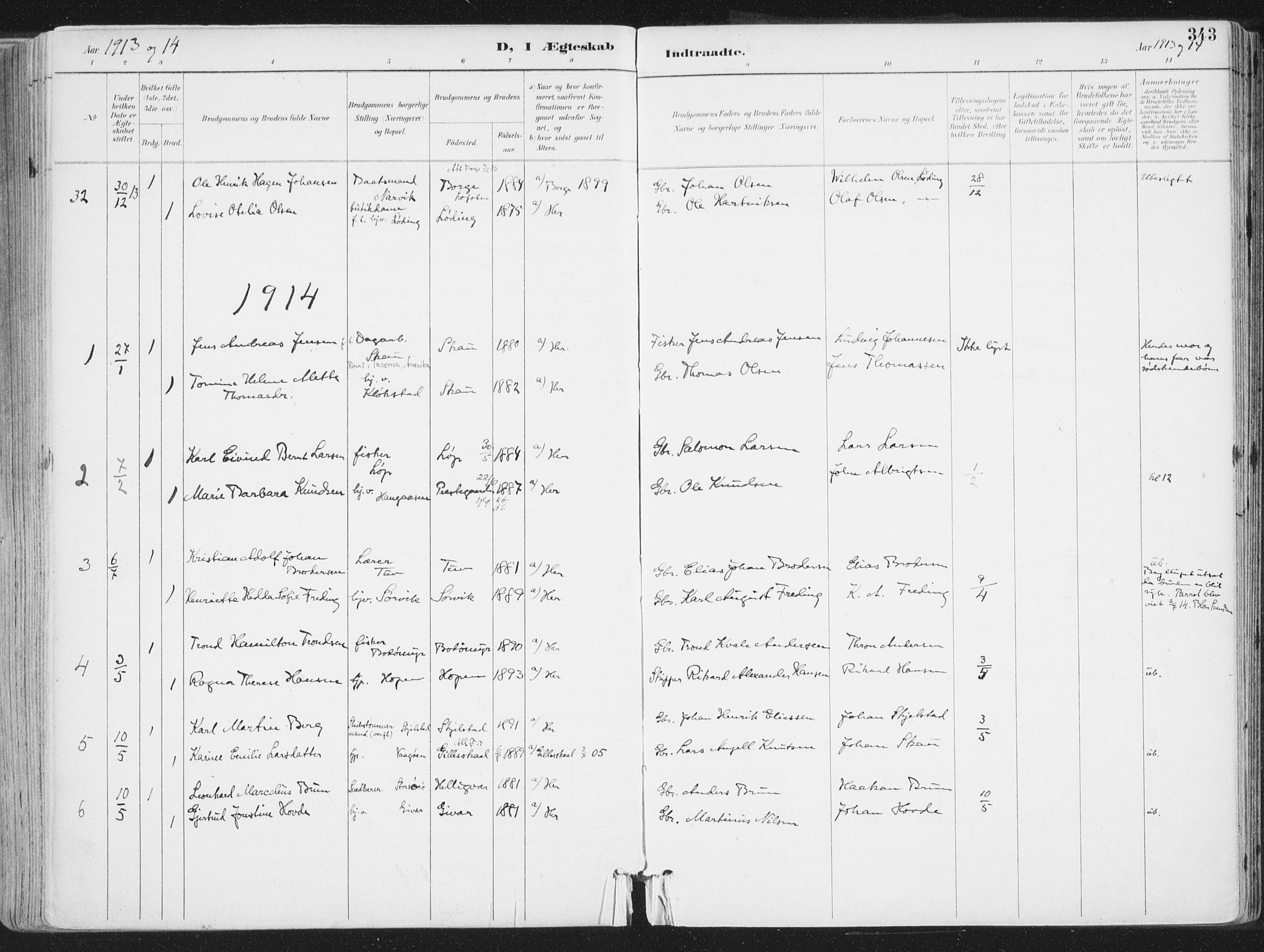 Ministerialprotokoller, klokkerbøker og fødselsregistre - Nordland, AV/SAT-A-1459/802/L0055: Parish register (official) no. 802A02, 1894-1915, p. 343