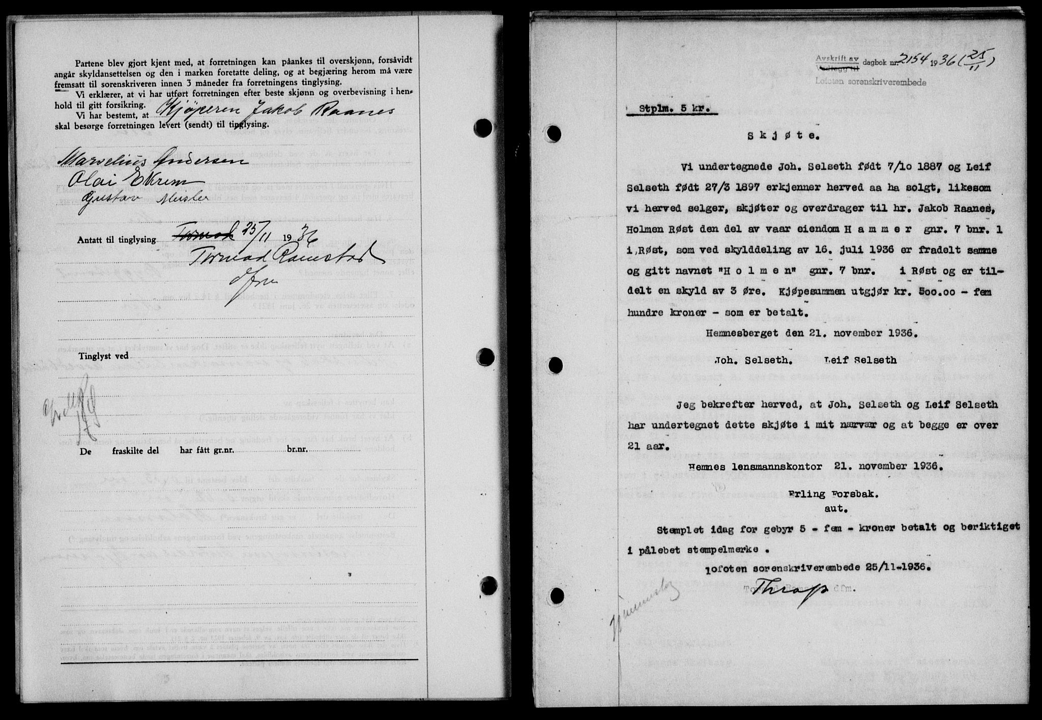 Lofoten sorenskriveri, SAT/A-0017/1/2/2C/L0001a: Mortgage book no. 1a, 1936-1937, Diary no: : 2154/1936