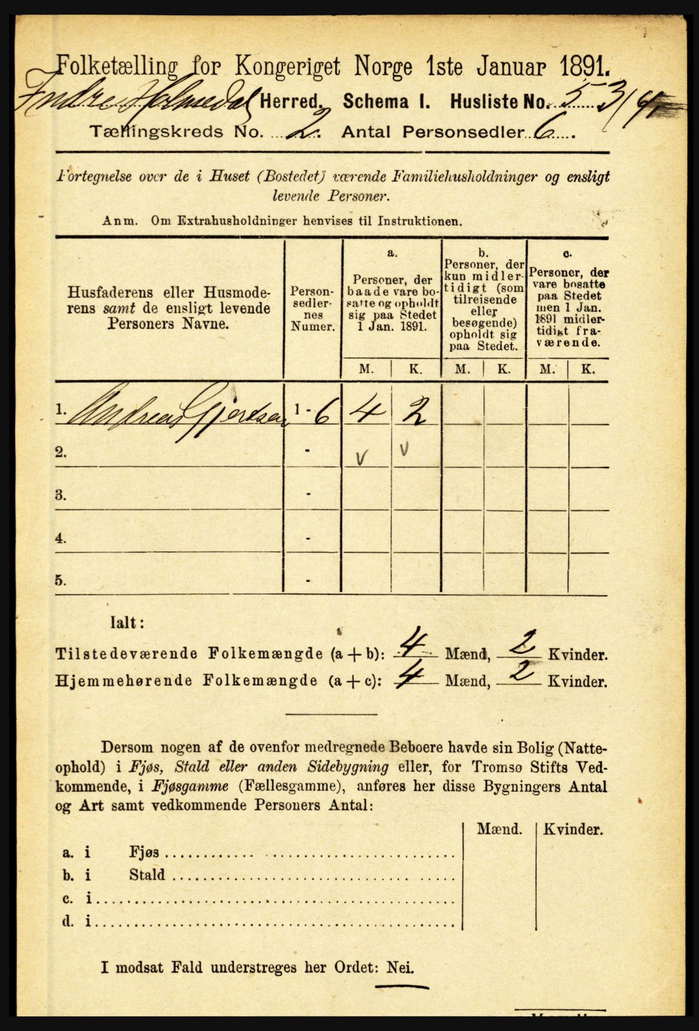 RA, 1891 census for 1430 Indre Holmedal, 1891, p. 454