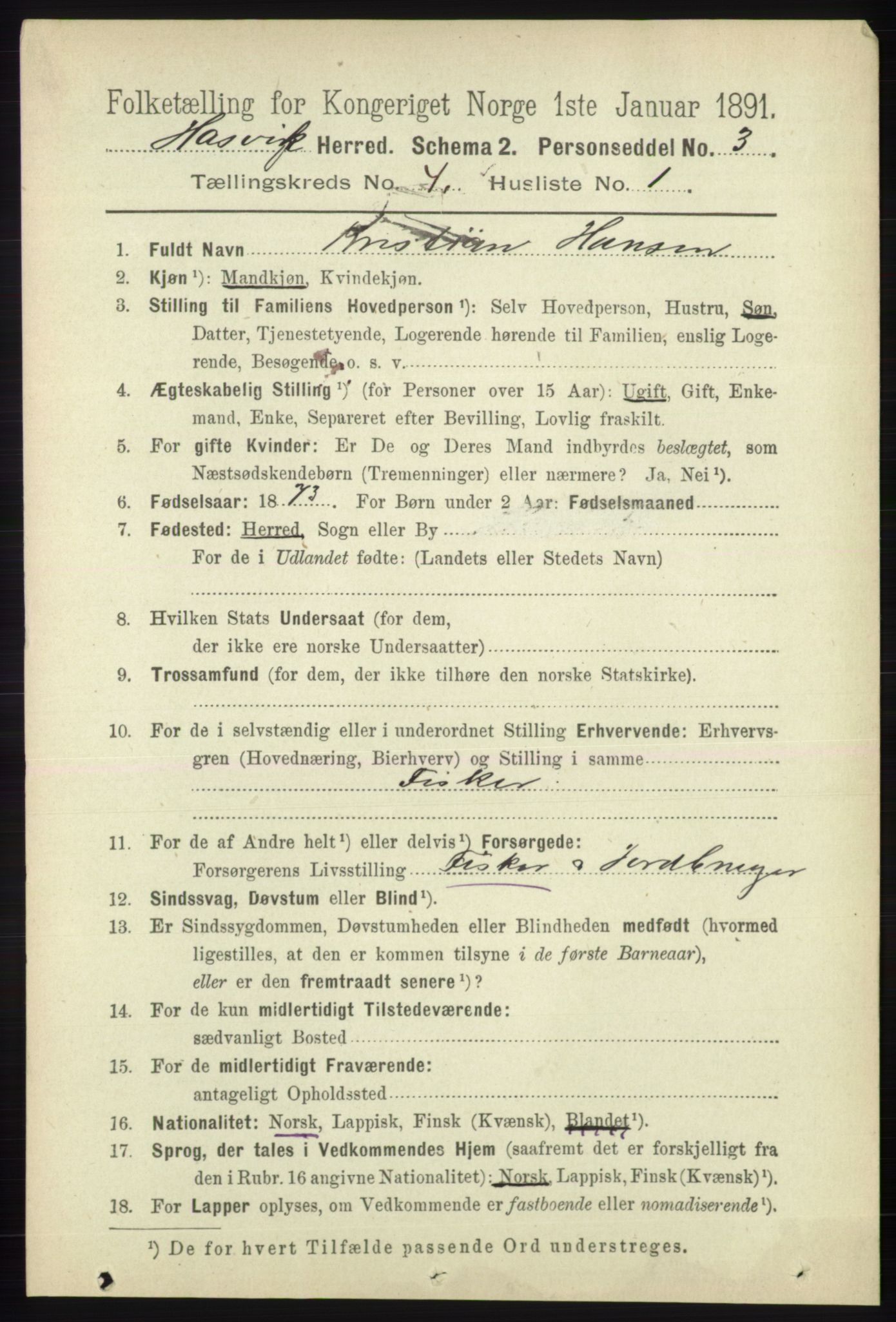 RA, 1891 census for 2015 Hasvik, 1891, p. 491