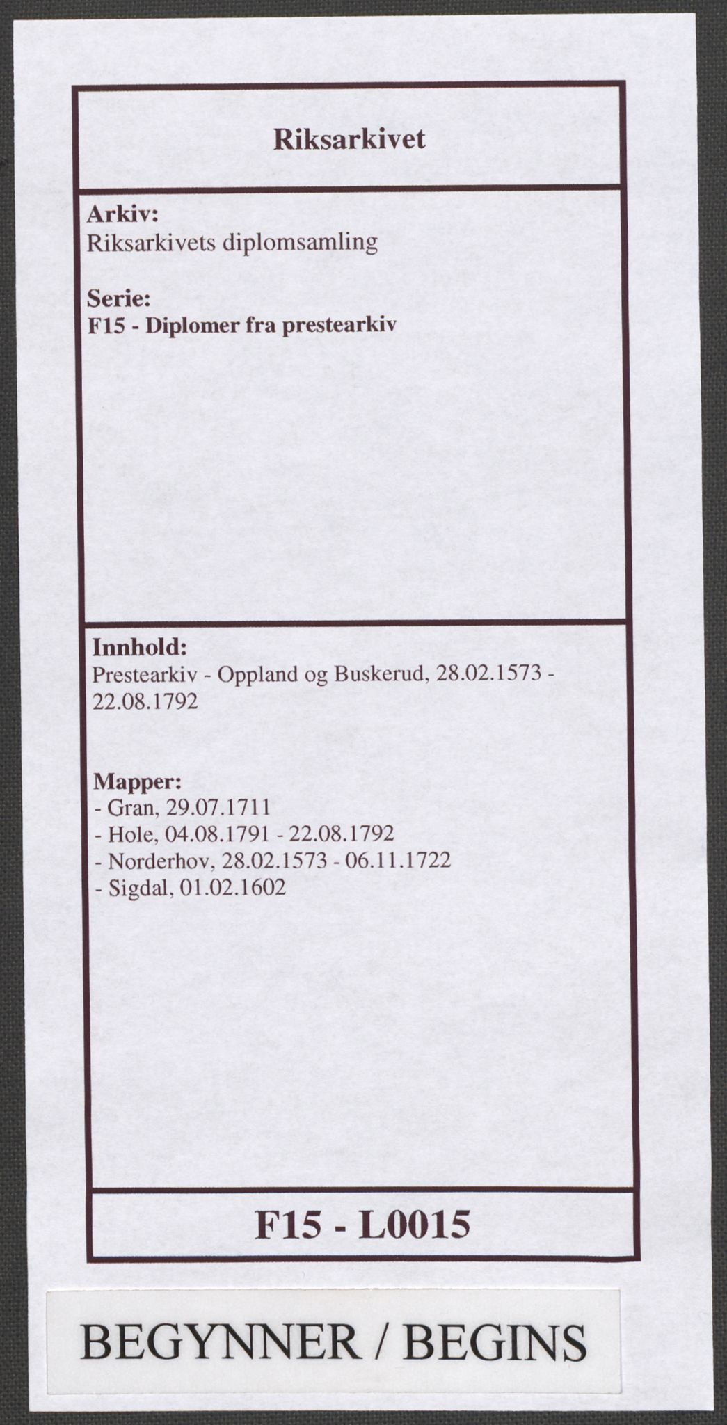 Riksarkivets diplomsamling, RA/EA-5965/F15/L0015: Prestearkiv - Oppland og Buskerud, 1573-1792, p. 1