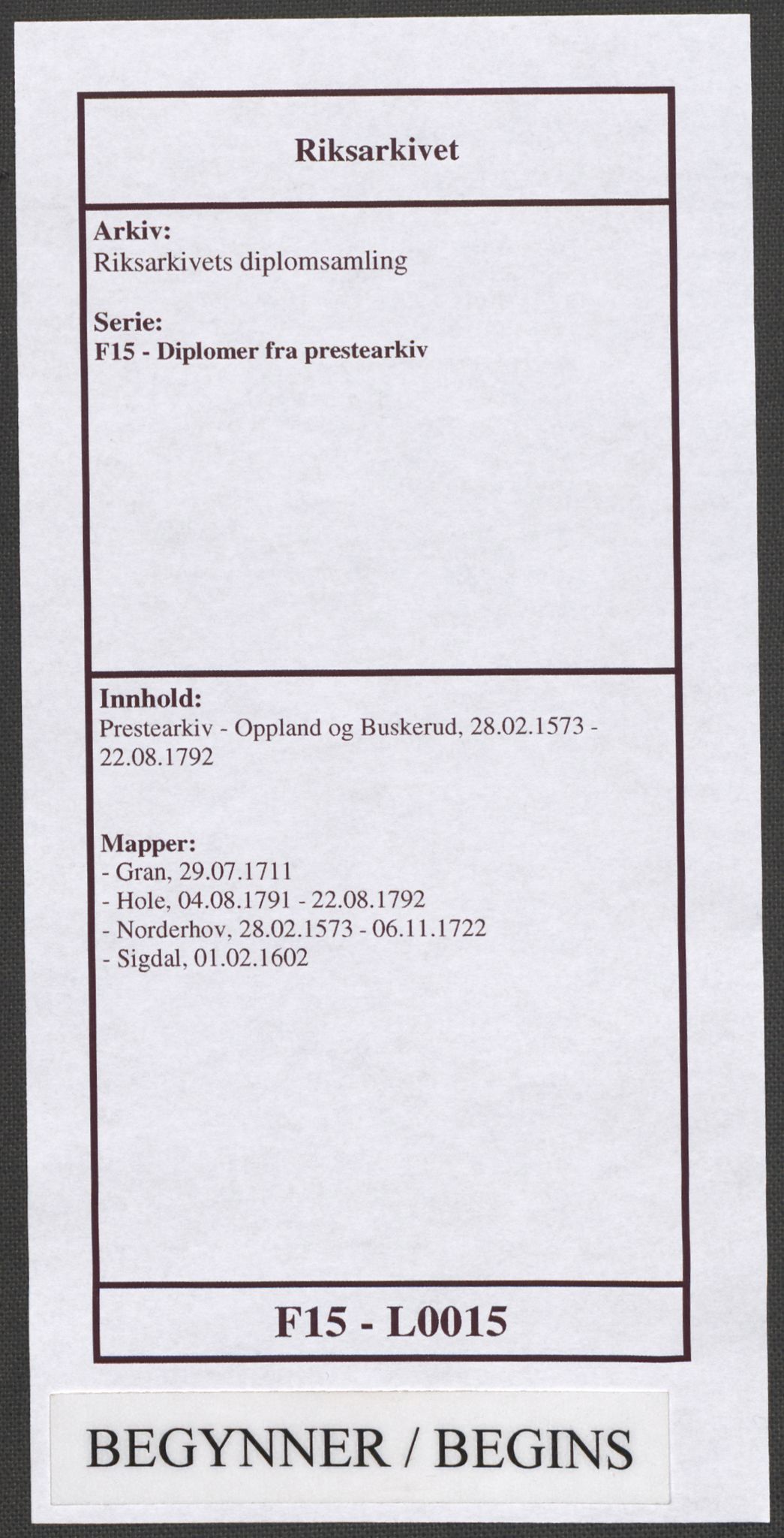 Riksarkivets diplomsamling, AV/RA-EA-5965/F15/L0015: Prestearkiv - Oppland og Buskerud, 1573-1792, p. 1