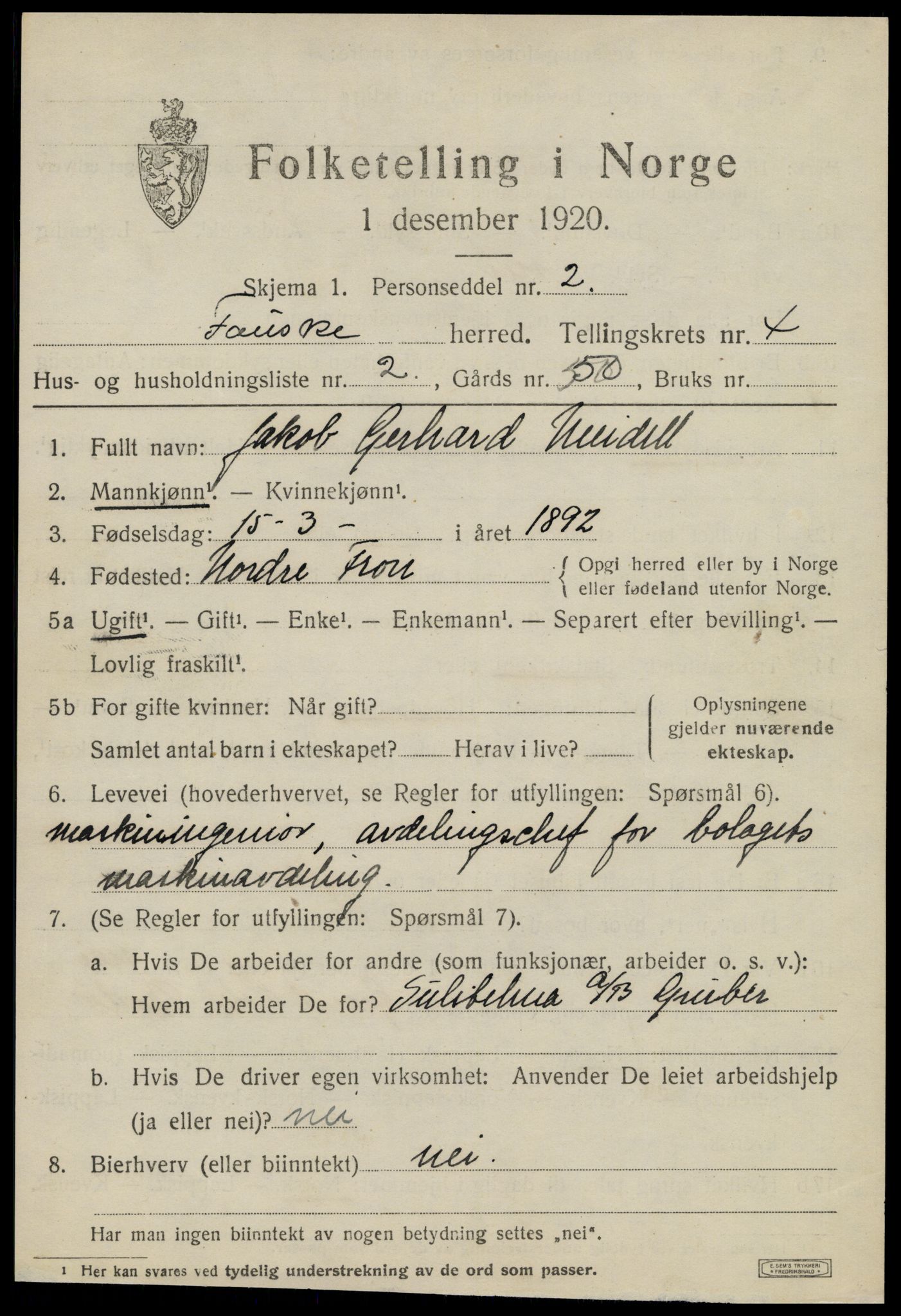 SAT, 1920 census for Fauske, 1920, p. 4166