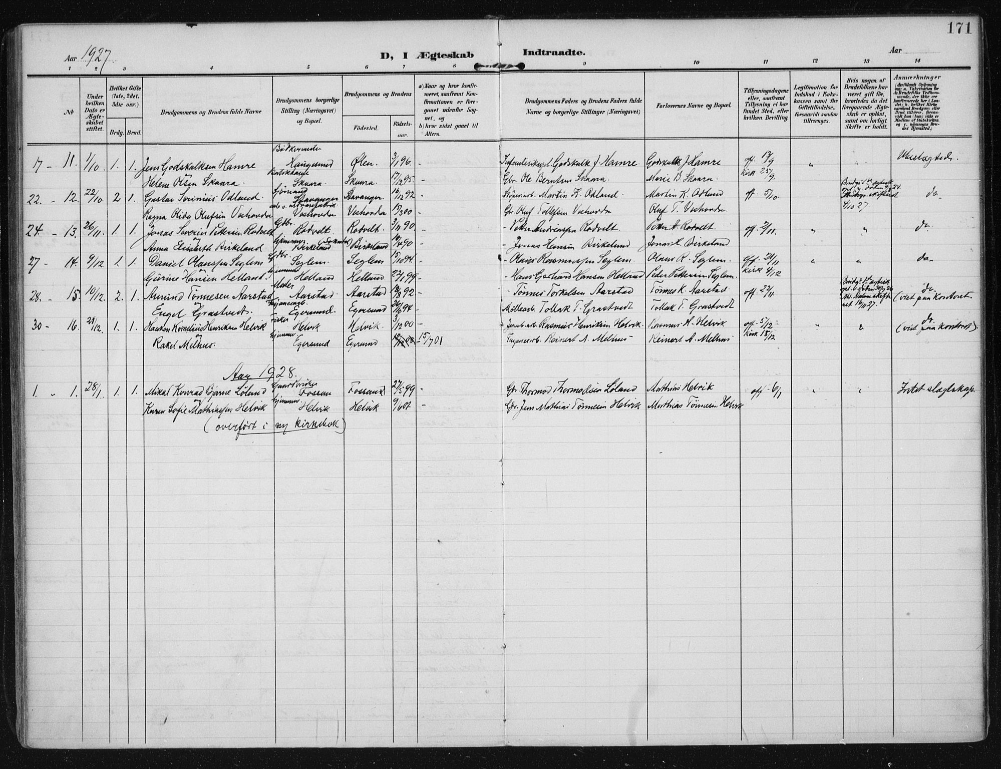 Eigersund sokneprestkontor, SAST/A-101807/S08/L0021: Parish register (official) no. A 20, 1906-1928, p. 171