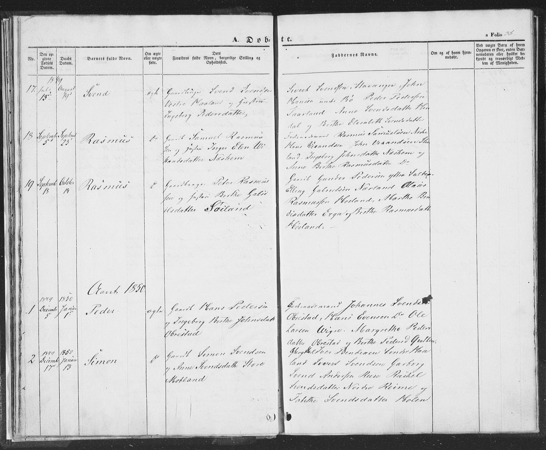 Hå sokneprestkontor, AV/SAST-A-101801/001/30BA/L0006: Parish register (official) no. A 5, 1842-1853, p. 35