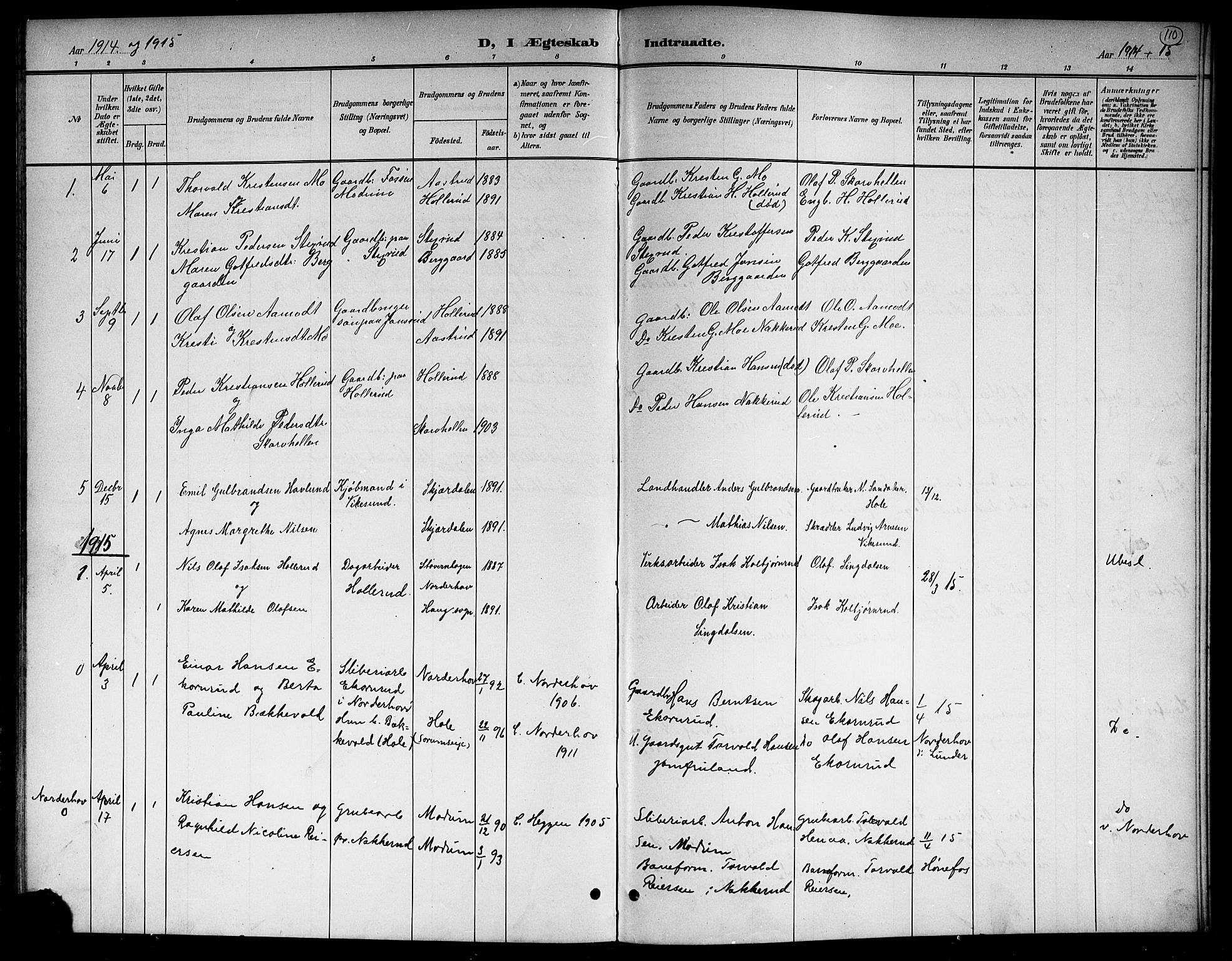 Hole kirkebøker, SAKO/A-228/G/Gb/L0004: Parish register (copy) no. II 4, 1901-1916, p. 110