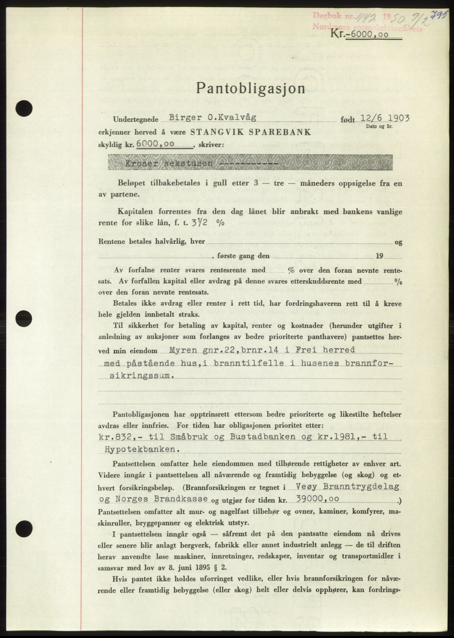 Nordmøre sorenskriveri, AV/SAT-A-4132/1/2/2Ca: Mortgage book no. B103, 1949-1950, Diary no: : 442/1950