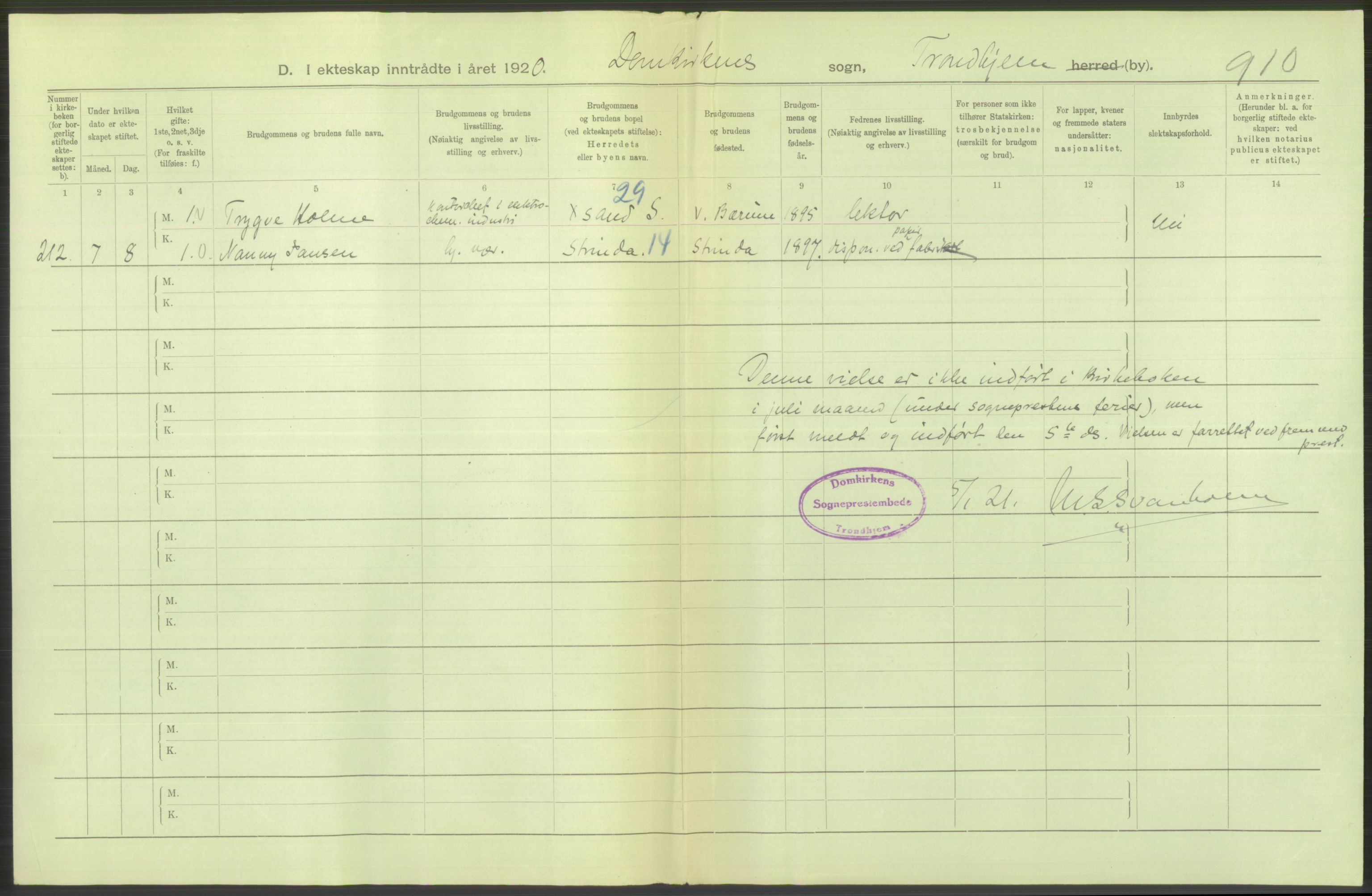 Statistisk sentralbyrå, Sosiodemografiske emner, Befolkning, AV/RA-S-2228/D/Df/Dfb/Dfbj/L0052: Trondheim: Gifte, døde, dødfødte., 1920