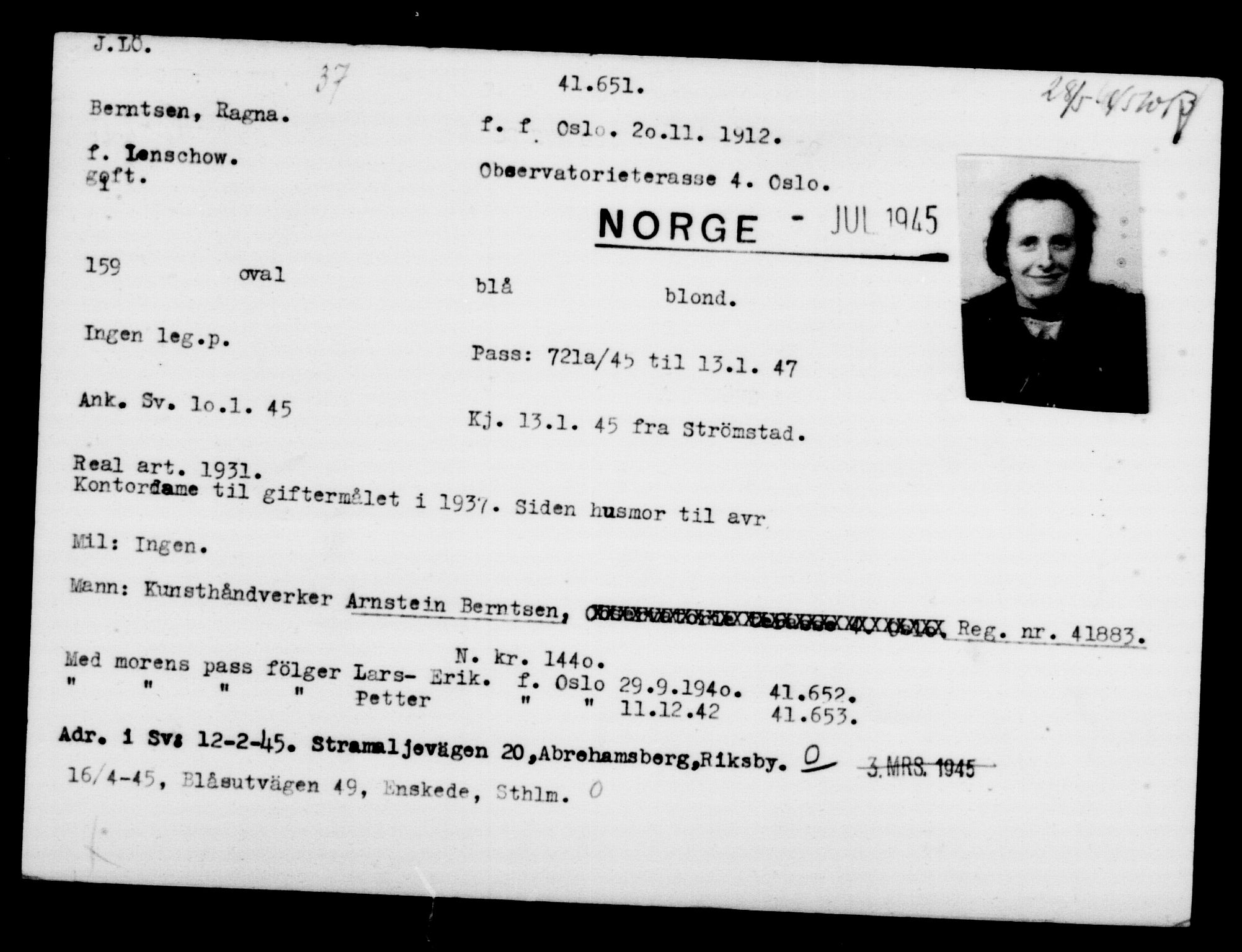 Utenriksstasjonene, Legasjonen i Stockholm, Flyktningkontoret, AV/RA-S-6753/V/Va/L0016: Kjesäterkartoteket, flyktninger med registreringsnr. 40700-43479, 1940-1945, p. 986